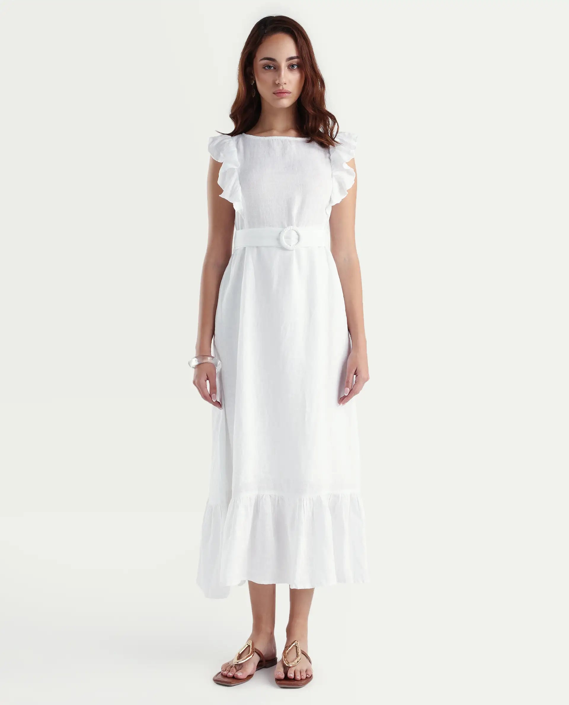 Rareism Women's Anne White Linen Boat Neck Plain Ruffled Sleeve Maxi Regular Fit Dress