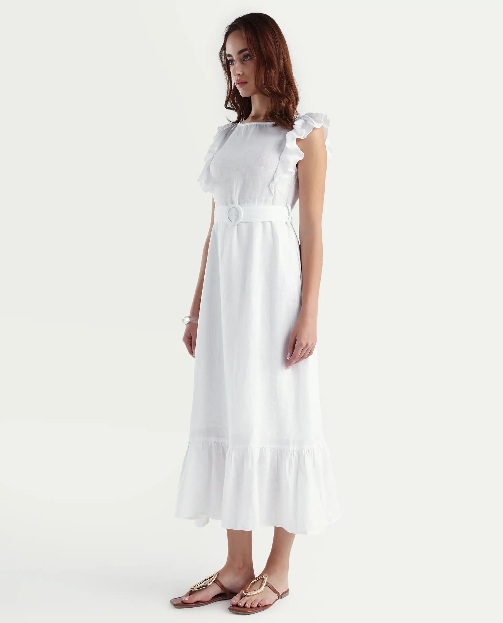 Rareism Women's Anne White Linen Boat Neck Plain Ruffled Sleeve Maxi Regular Fit Dress
