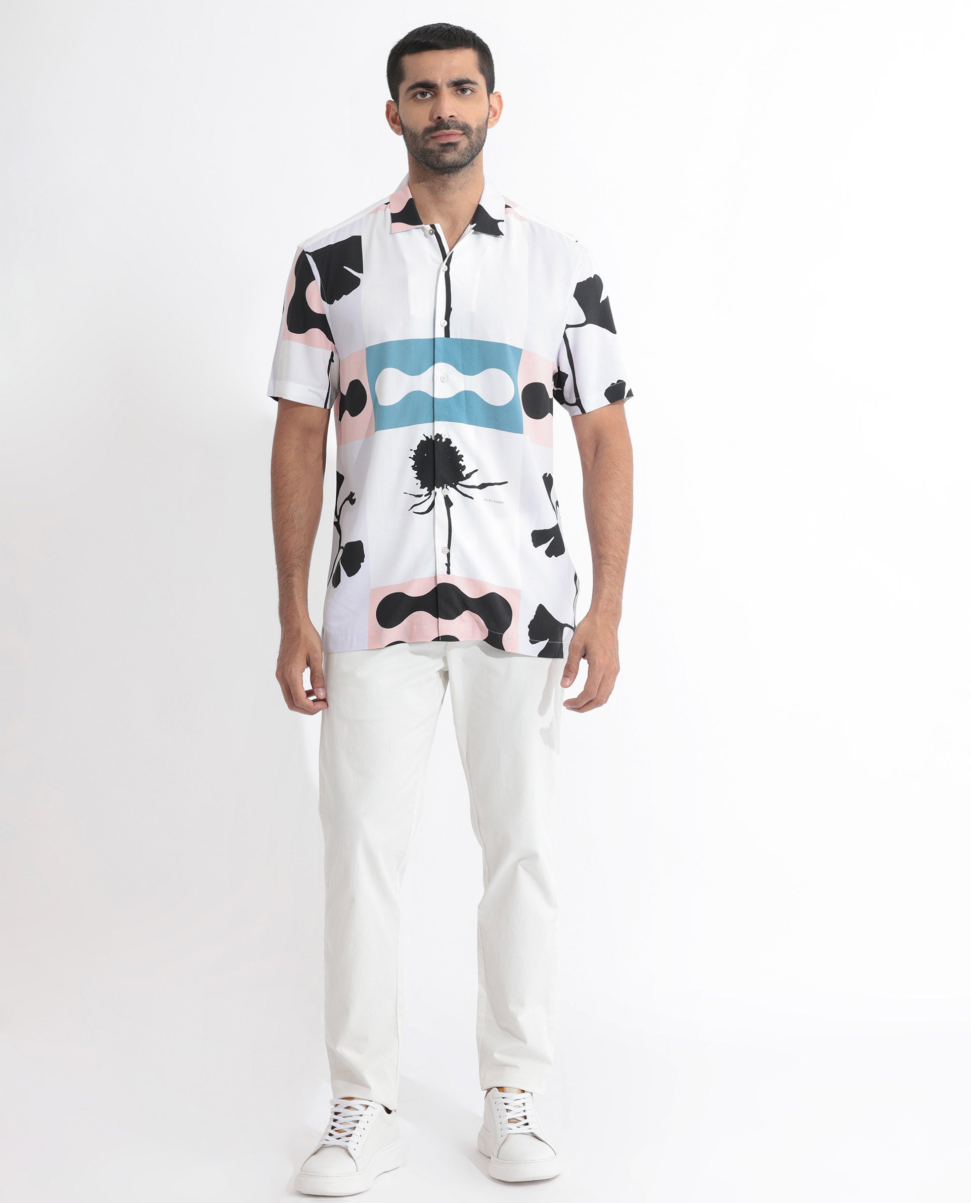 Rare Rabbit Men's Ansel Multi Viscose Fabric Abstract Print Half Sleeves Shirt