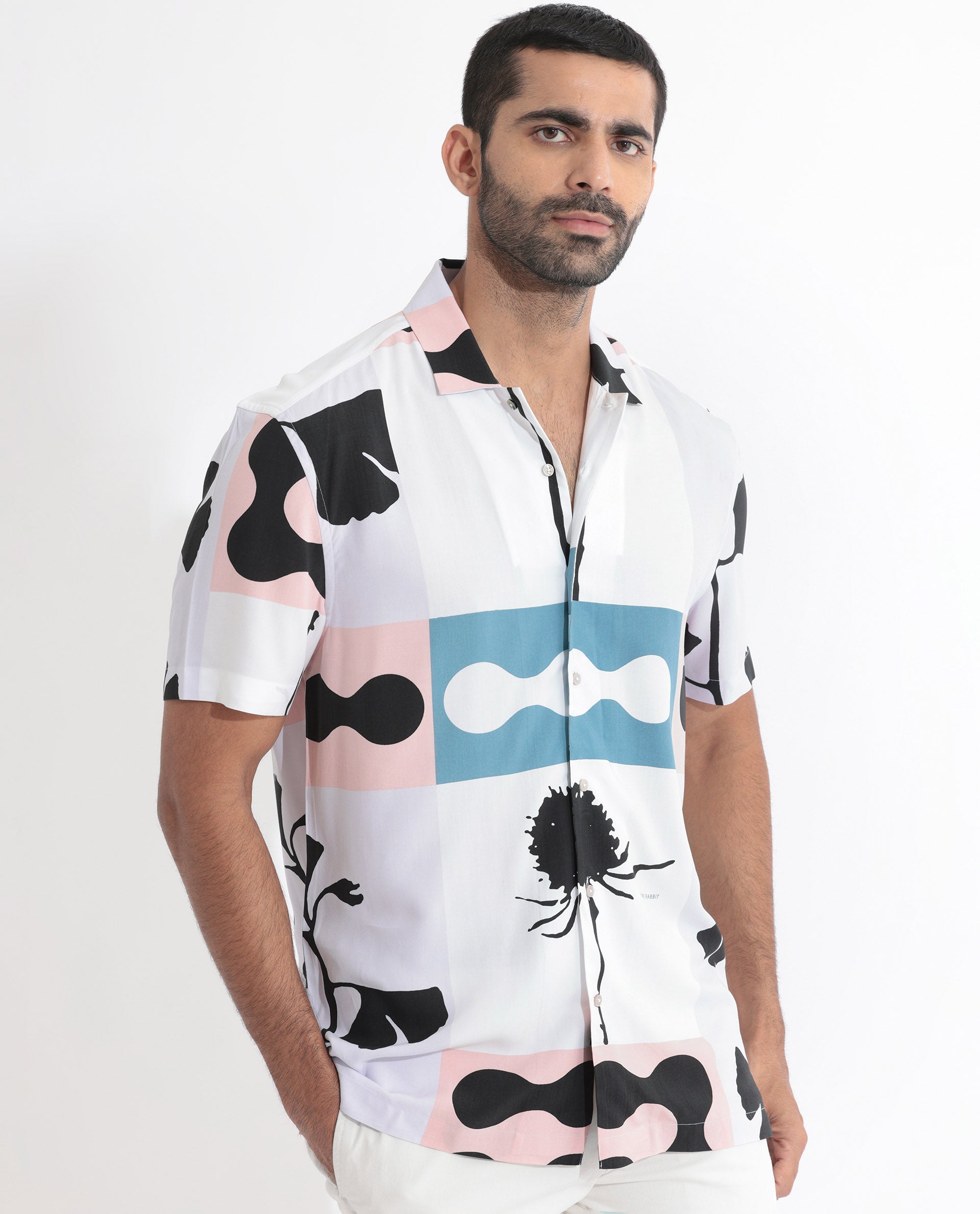 Rare Rabbit Men's Ansel Multi Viscose Fabric Abstract Print Half Sleeves Shirt