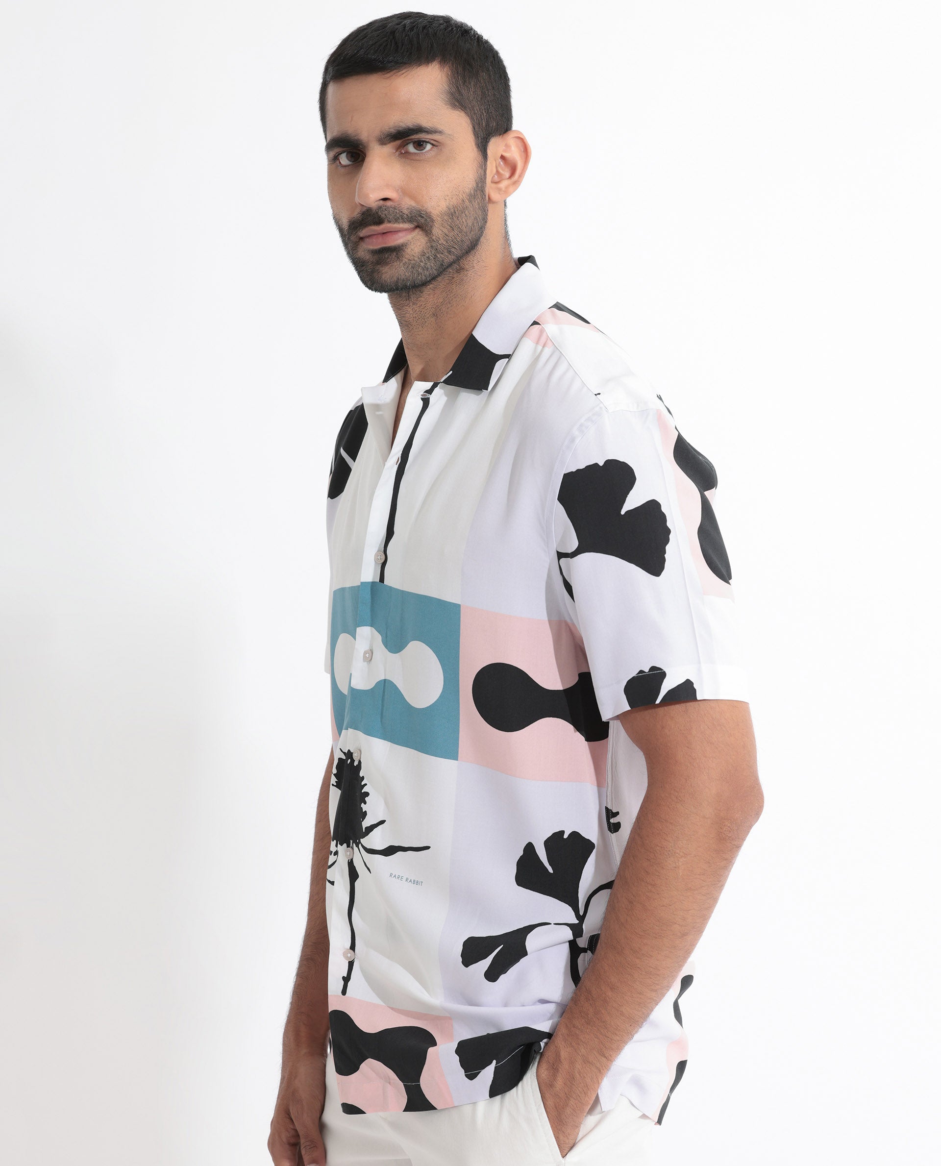 Rare Rabbit Men's Ansel Multi Viscose Fabric Abstract Print Half Sleeves Shirt