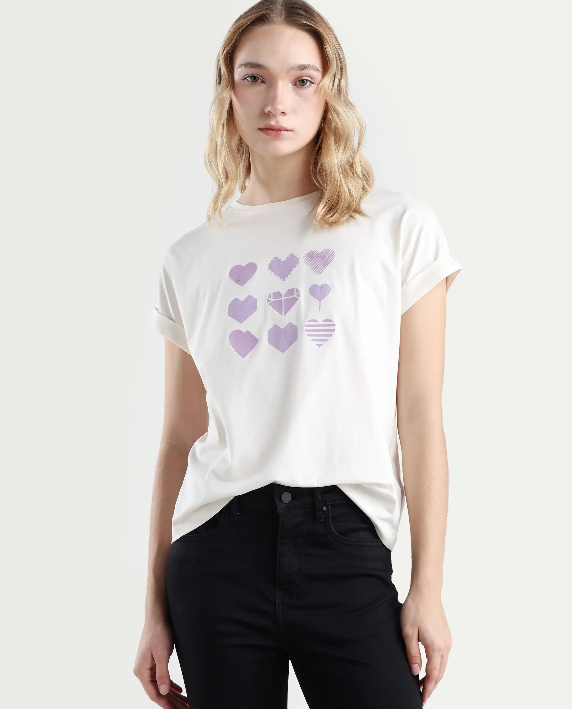 Rareism Women's Antilot Off White Cotton Blend Crew Neck Graphic Print Extended Sleeves Regular Fit T-Shirt