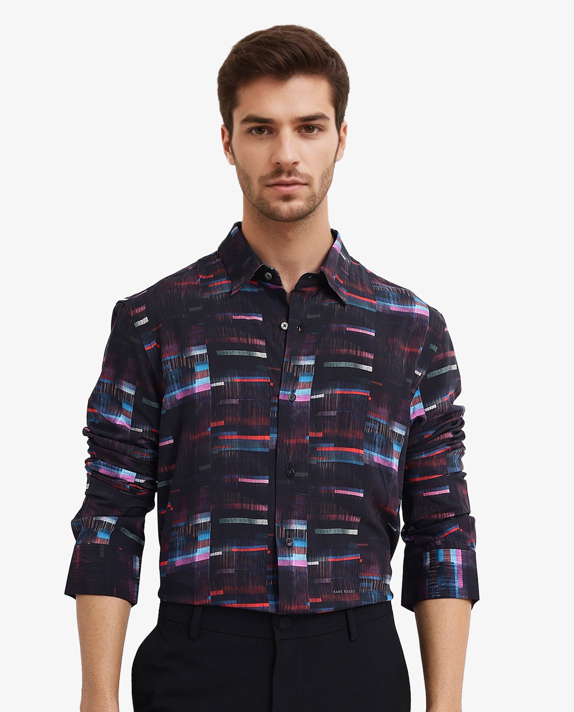 Rare Rabbit Men Apon Black Viscose Fabric Full Sleeve Regular Fit Abstract Print Shirt