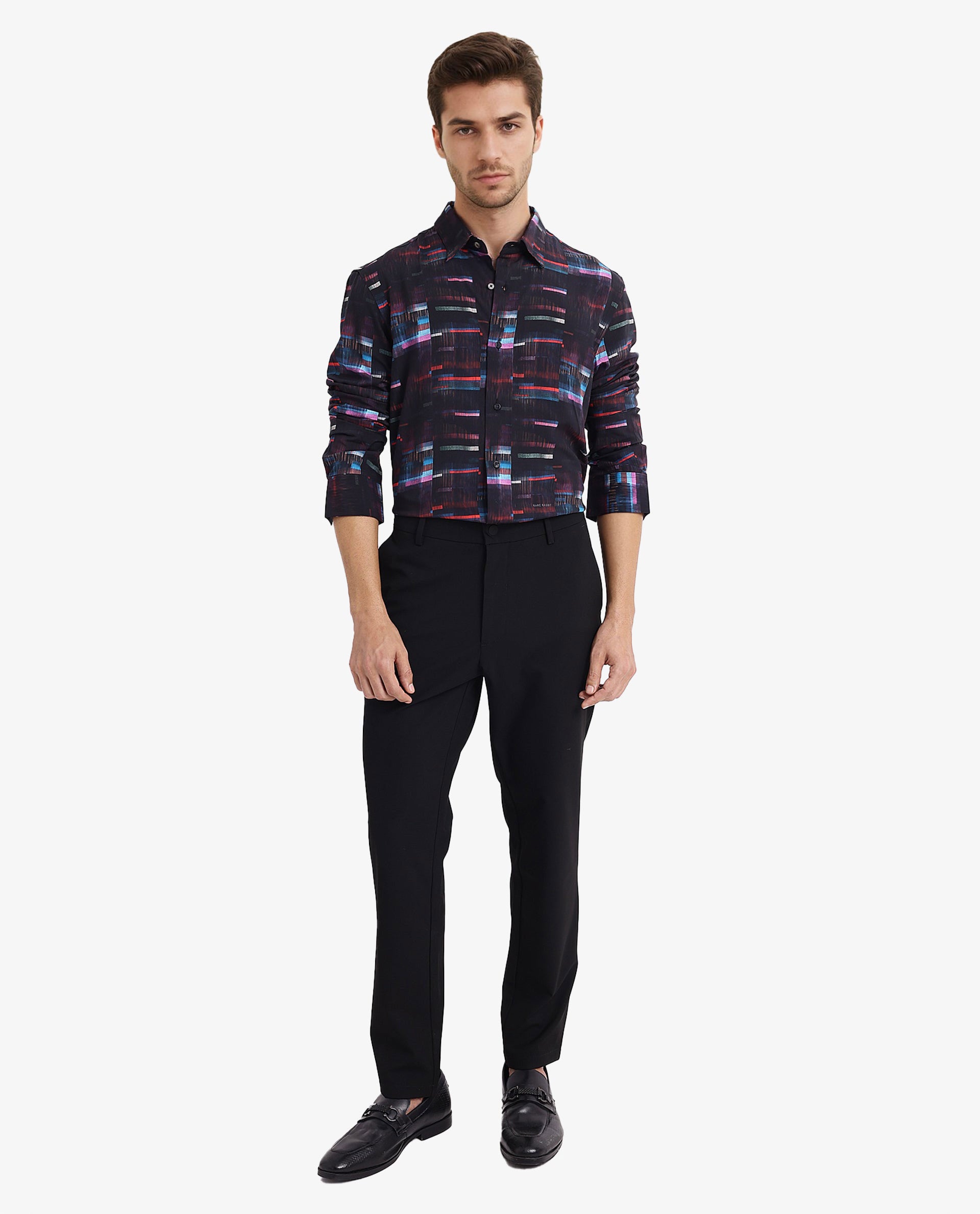 Rare Rabbit Men Apon Black Viscose Fabric Full Sleeve Regular Fit Abstract Print Shirt