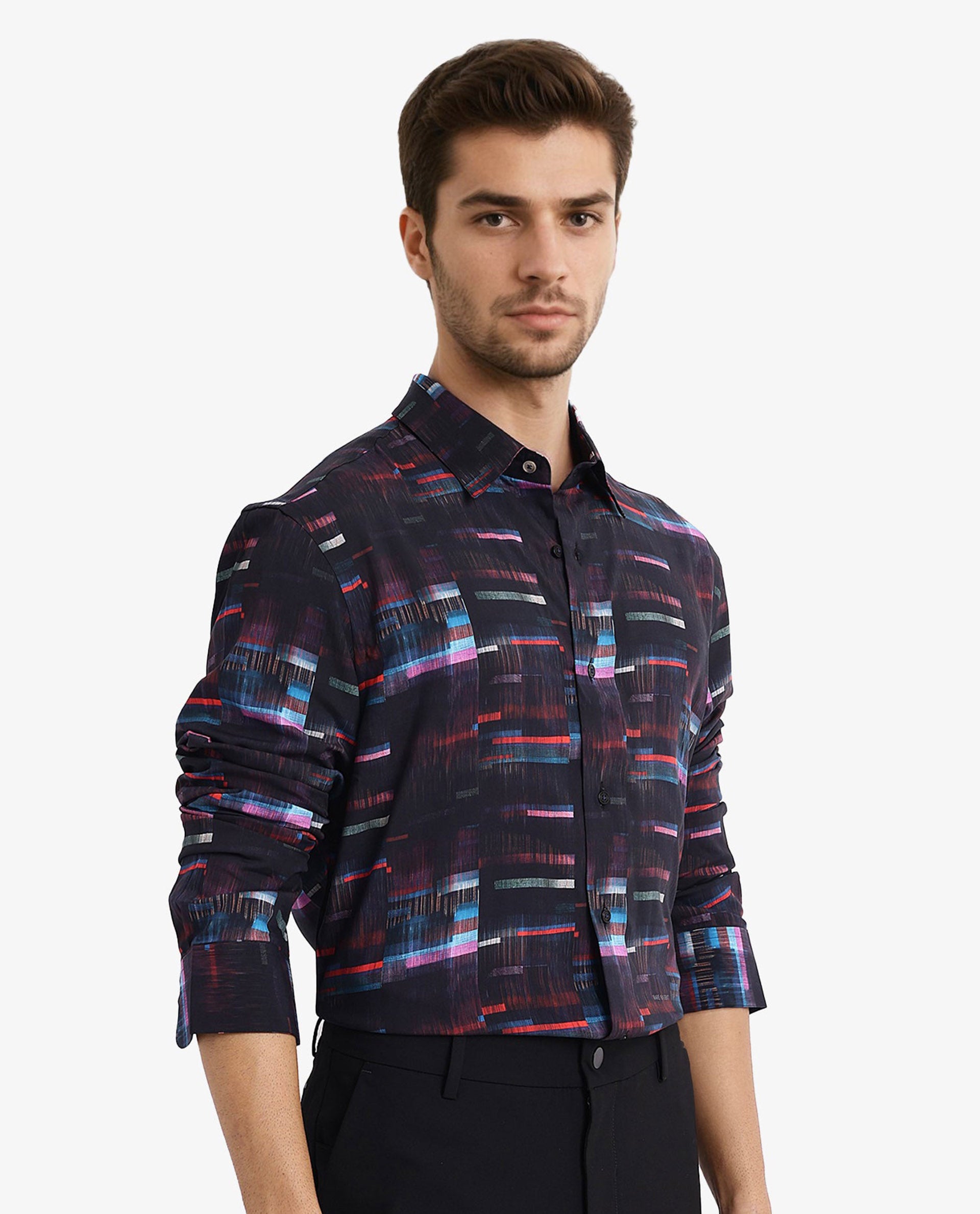 Rare Rabbit Men Apon Black Viscose Fabric Full Sleeve Regular Fit Abstract Print Shirt