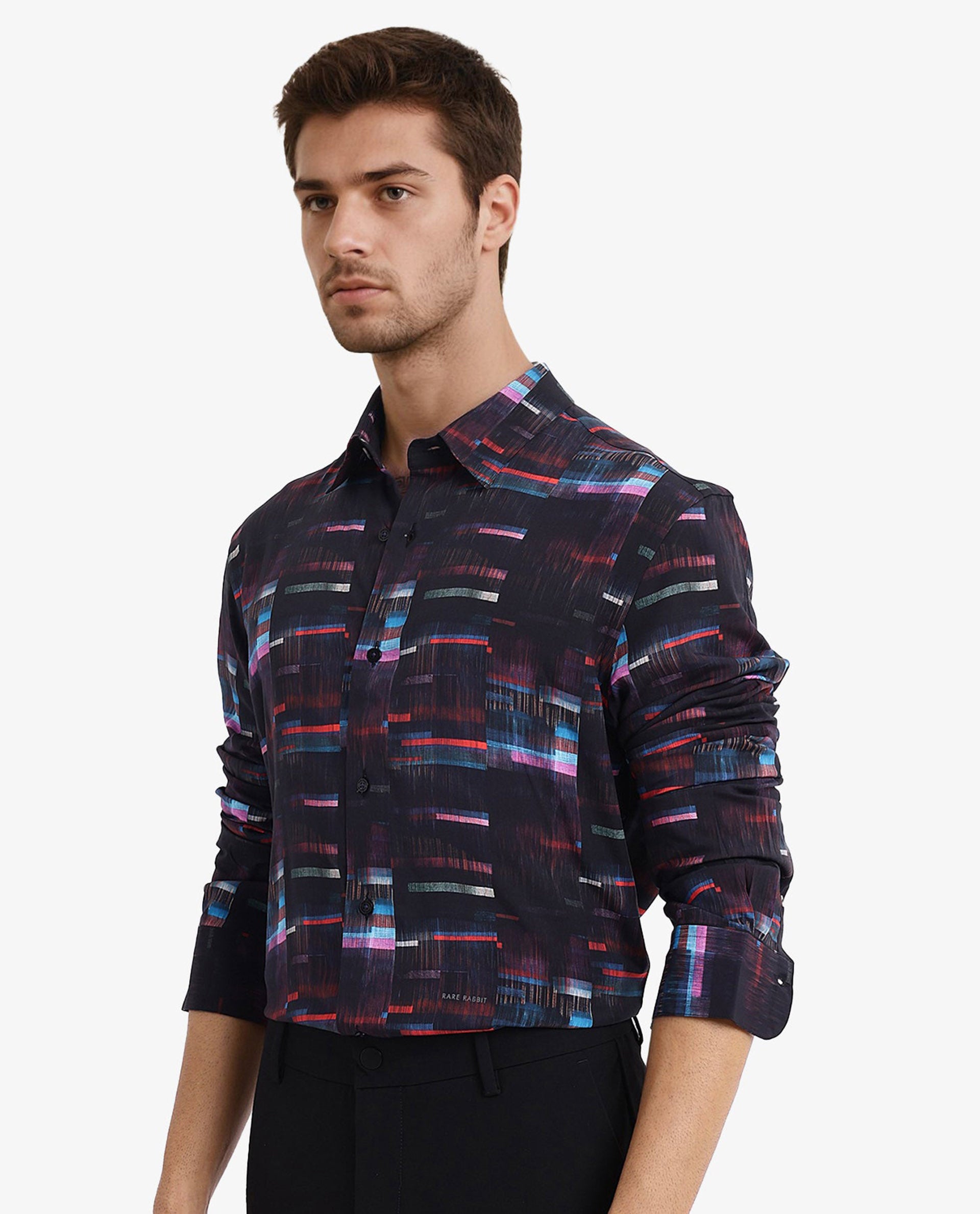 Rare Rabbit Men Apon Black Viscose Fabric Full Sleeve Regular Fit Abstract Print Shirt