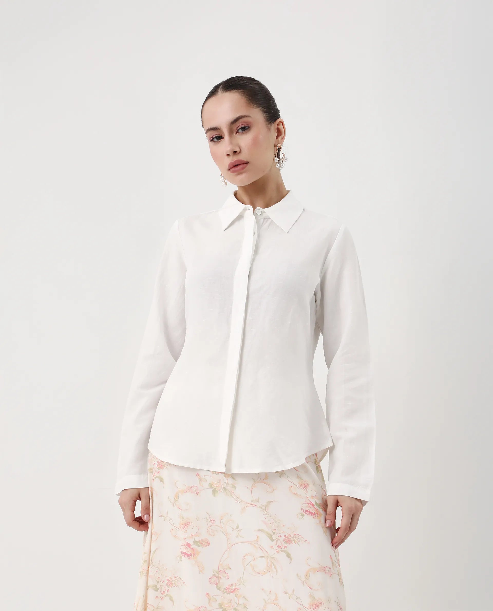 Rareism Women's Appleby White Linen Spread Collar Plain Cuffed Sleeve Regular Fit Shirt