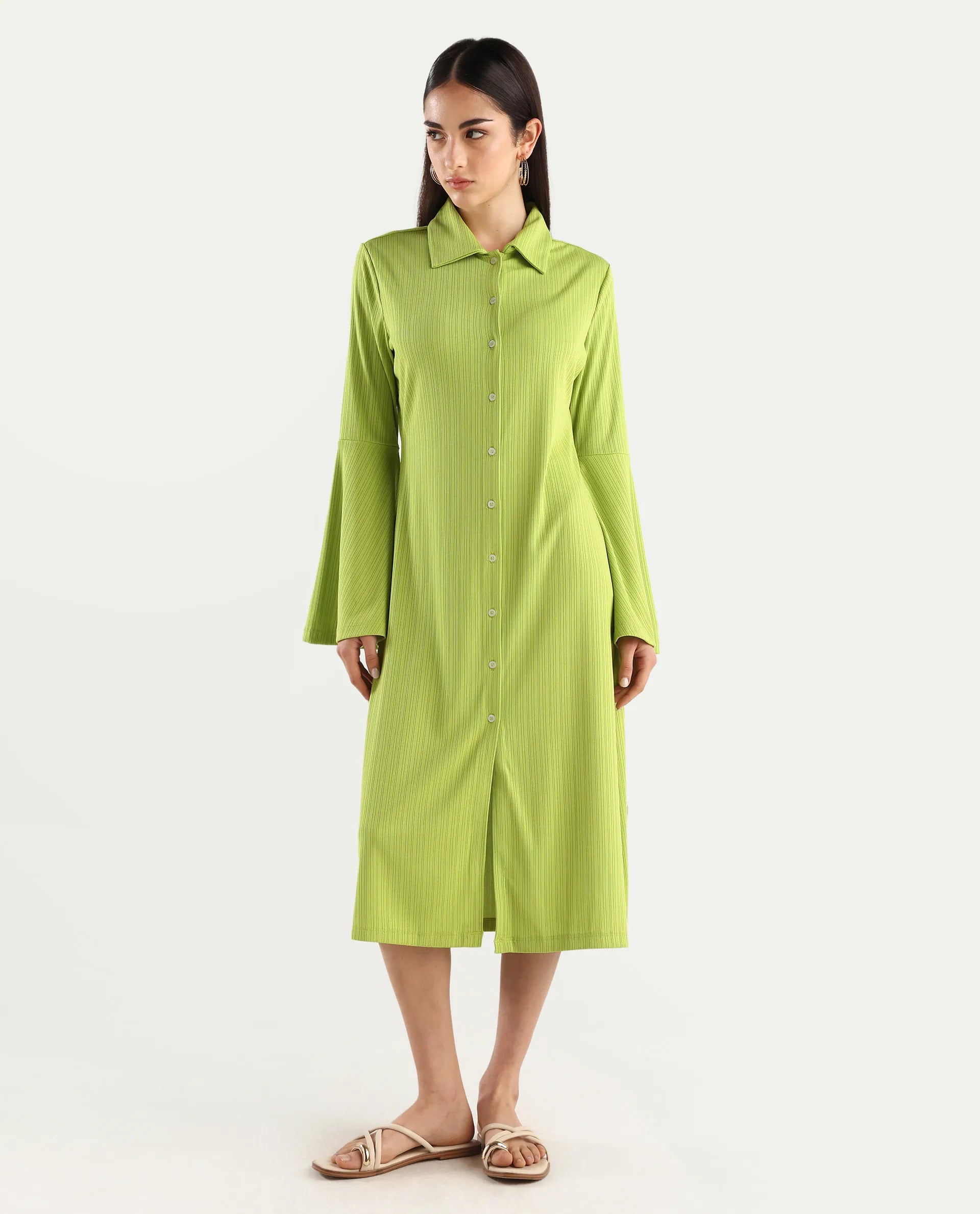 Rareism Women's Aqua Flouroscent Green Polyester Spread Collar Plain Bell Sleeve Knee Length Regular Fit Dress
