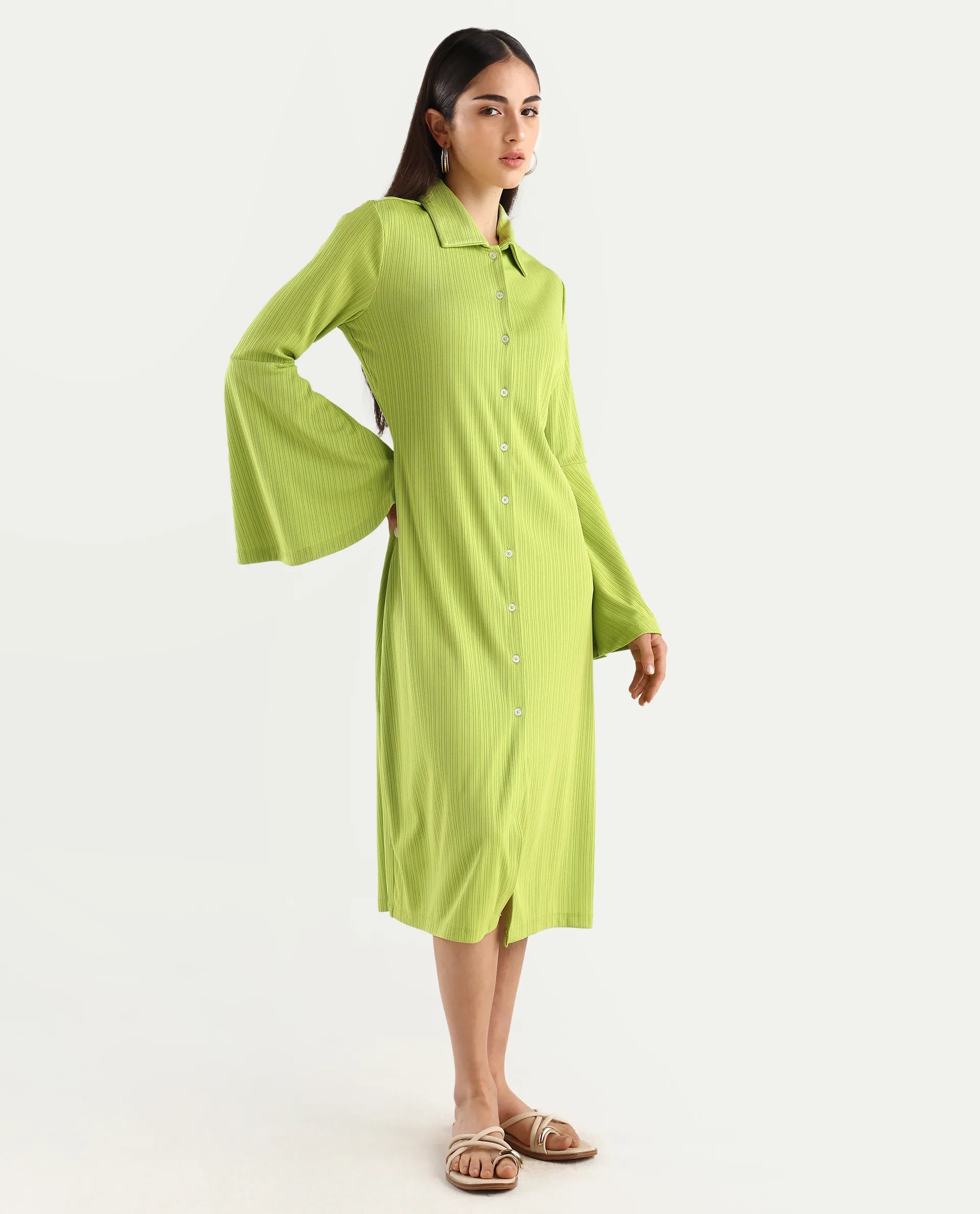 Rareism Women's Aqua Flouroscent Green Polyester Spread Collar Plain Bell Sleeve Knee Length Regular Fit Dress