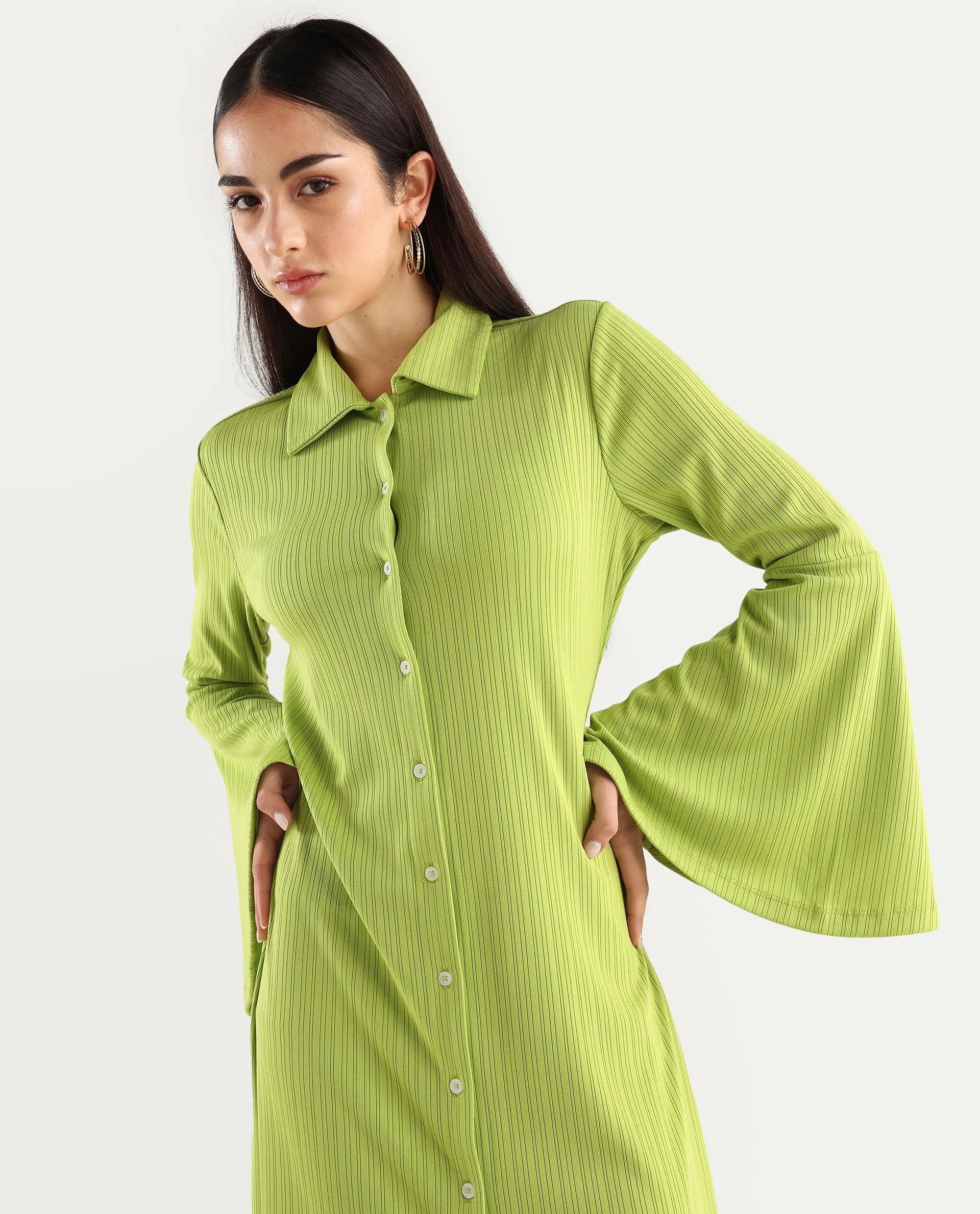 Rareism Women's Aqua Flouroscent Green Polyester Spread Collar Plain Bell Sleeve Knee Length Regular Fit Dress
