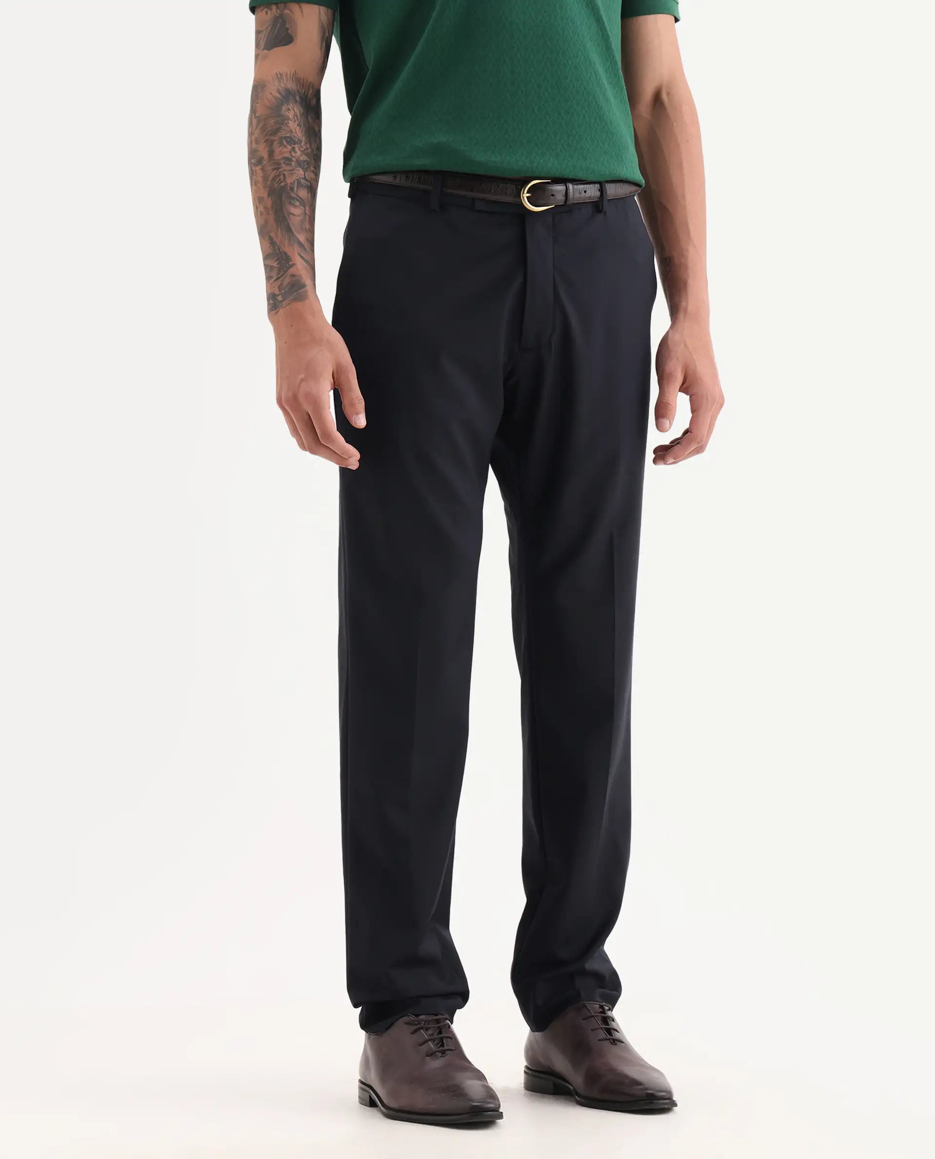 Rare Rabbit Men's Arbo Navy Wool Plain Regular Fit Trouser