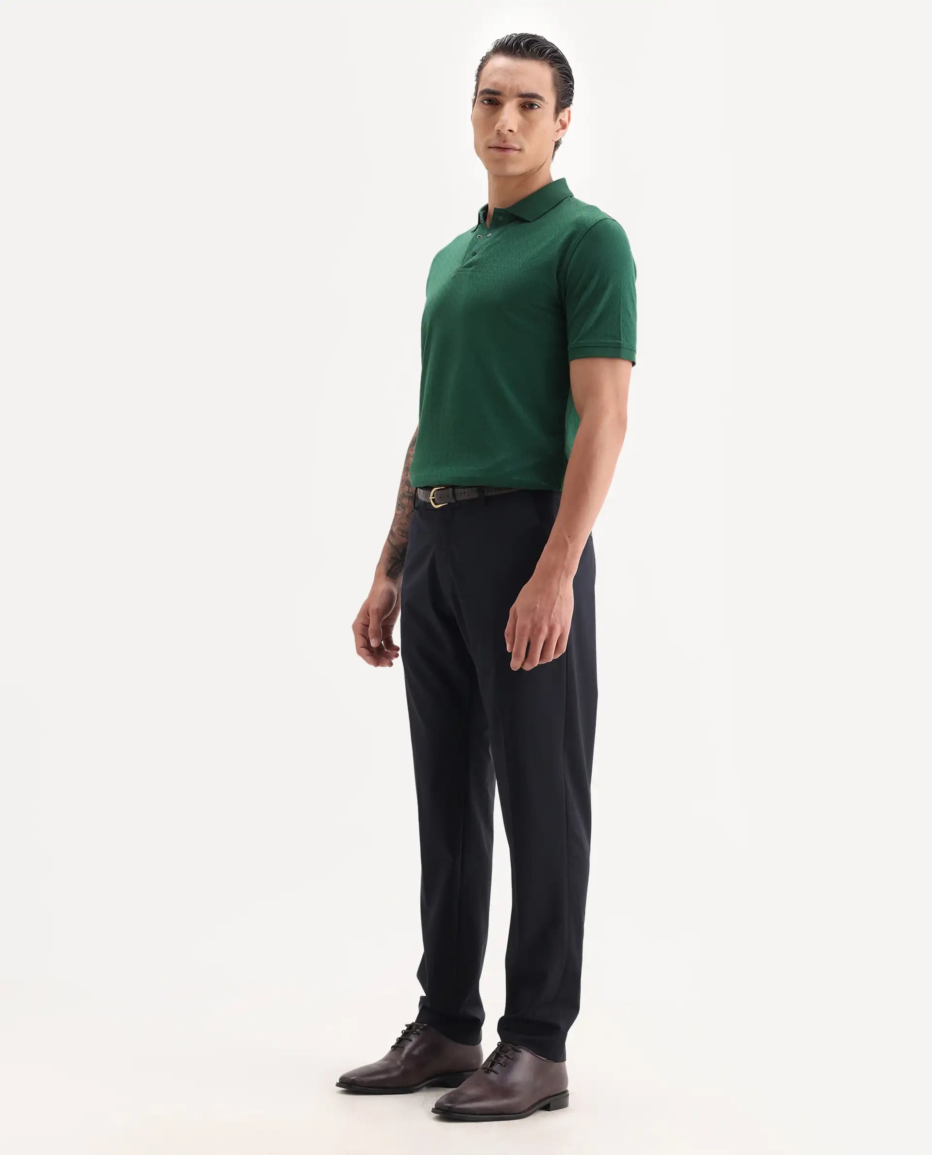 Rare Rabbit Men's Arbo Navy Wool Plain Regular Fit Trouser