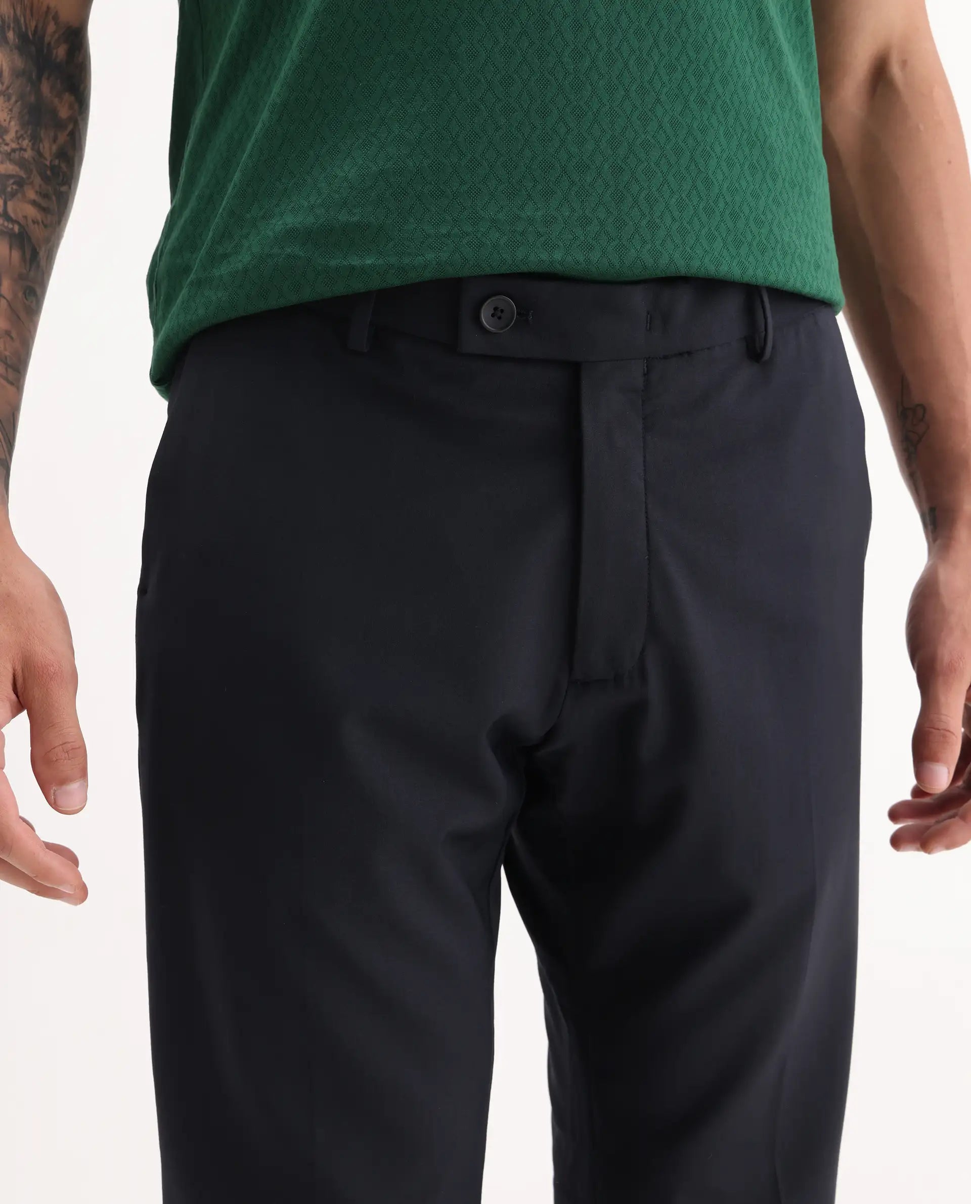 Rare Rabbit Men's Arbo Navy Wool Plain Regular Fit Trouser