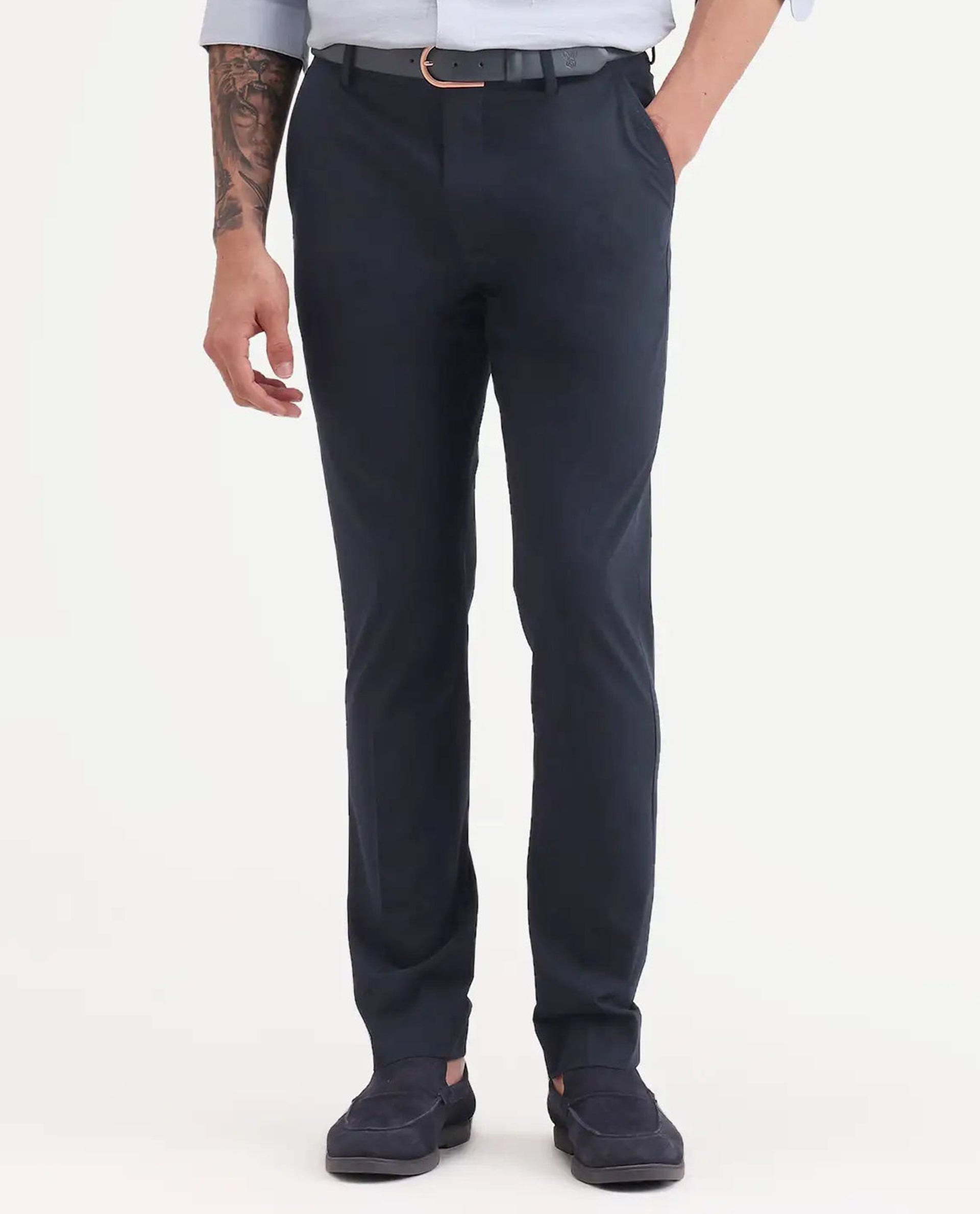 Rare Rabbit Men's Arcade-Ss26 Navy Polyester Blend Fabric Regular Fit Plain Trouser