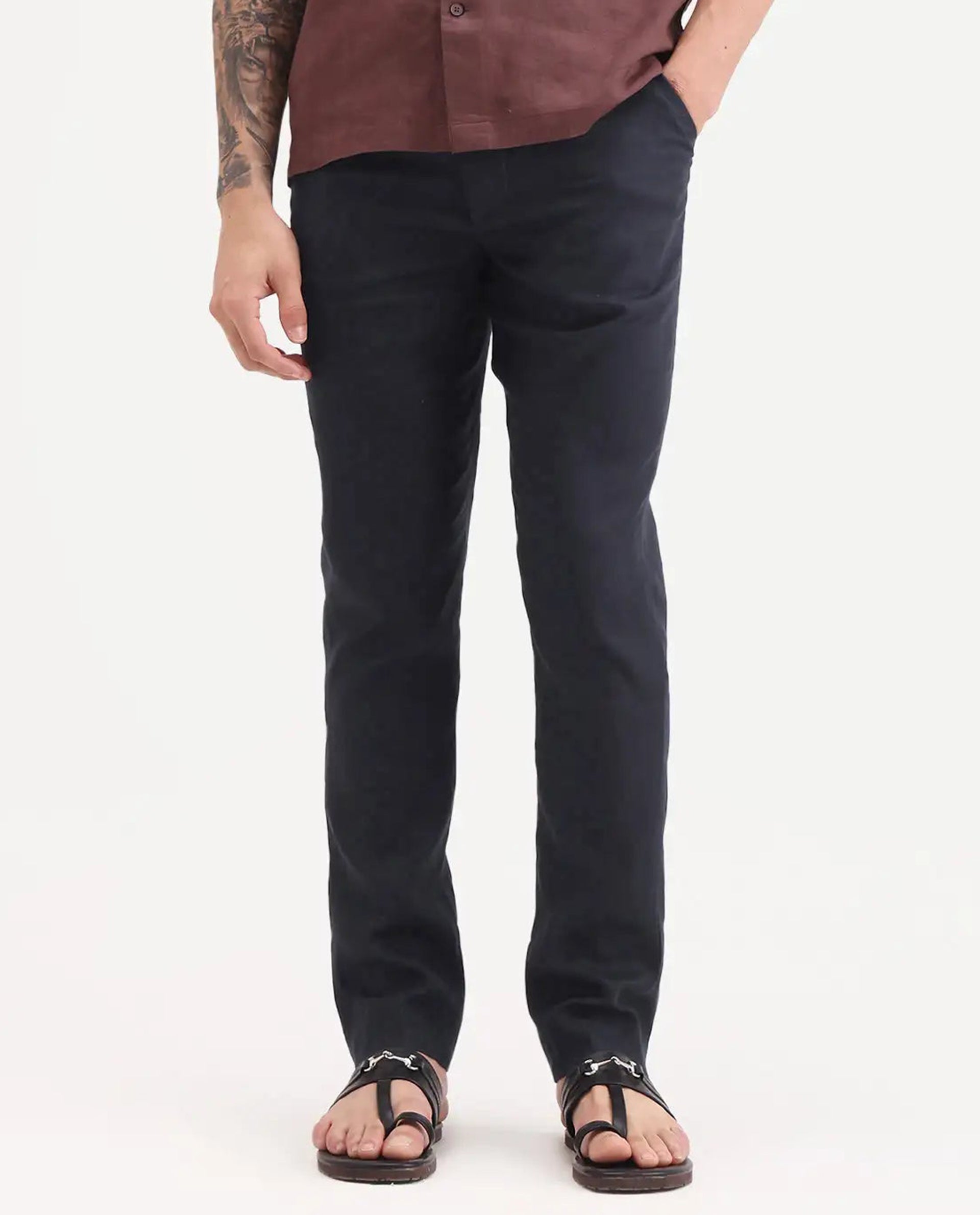 Rare Rabbit Men's Arcelo-Ss26 Dark Navy 100% Linen Fabric Regular Fit Plain Trouser