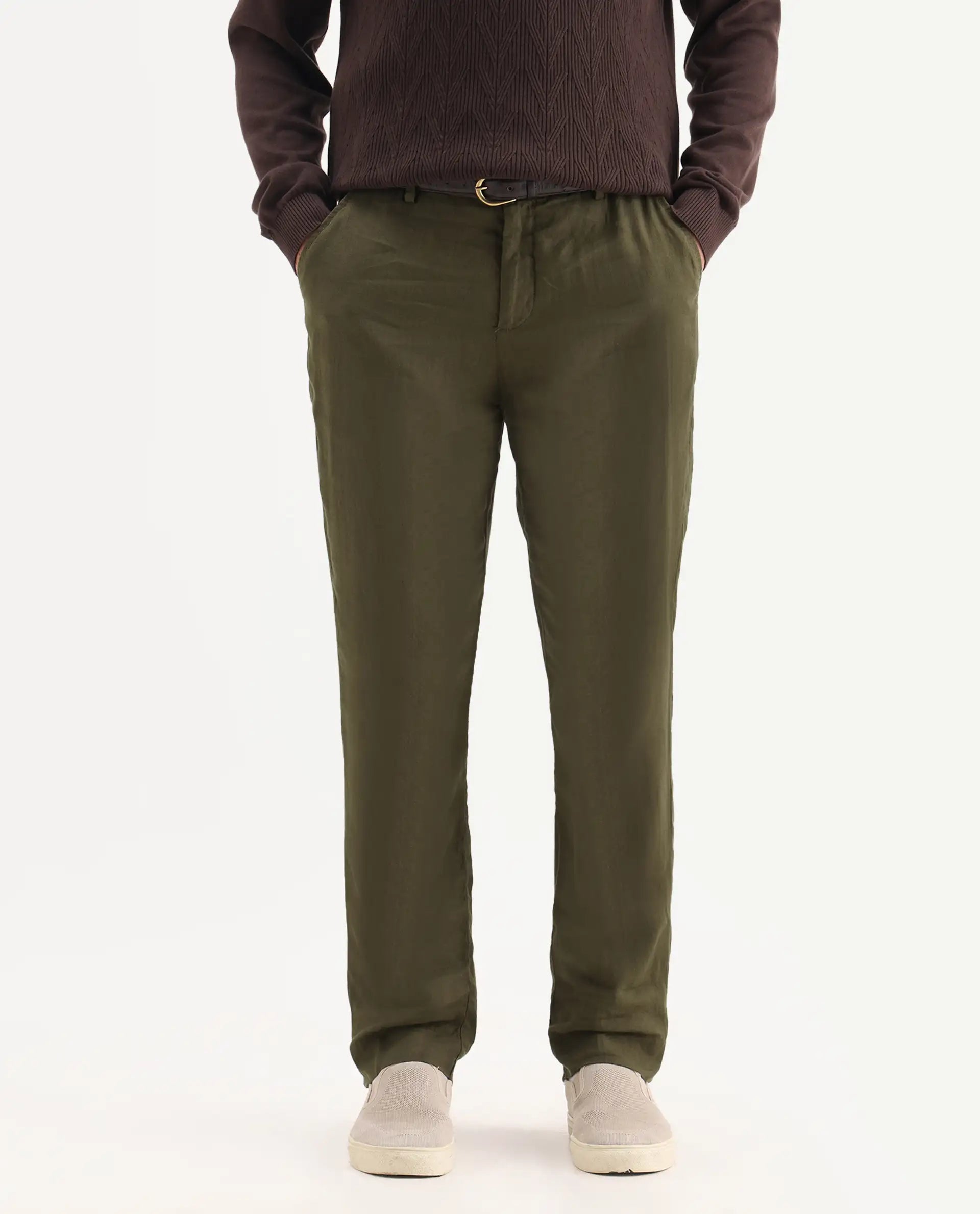 Rare Rabbit Men's Arcelo Olive 100% Linen Plain Regular Fit Trouser