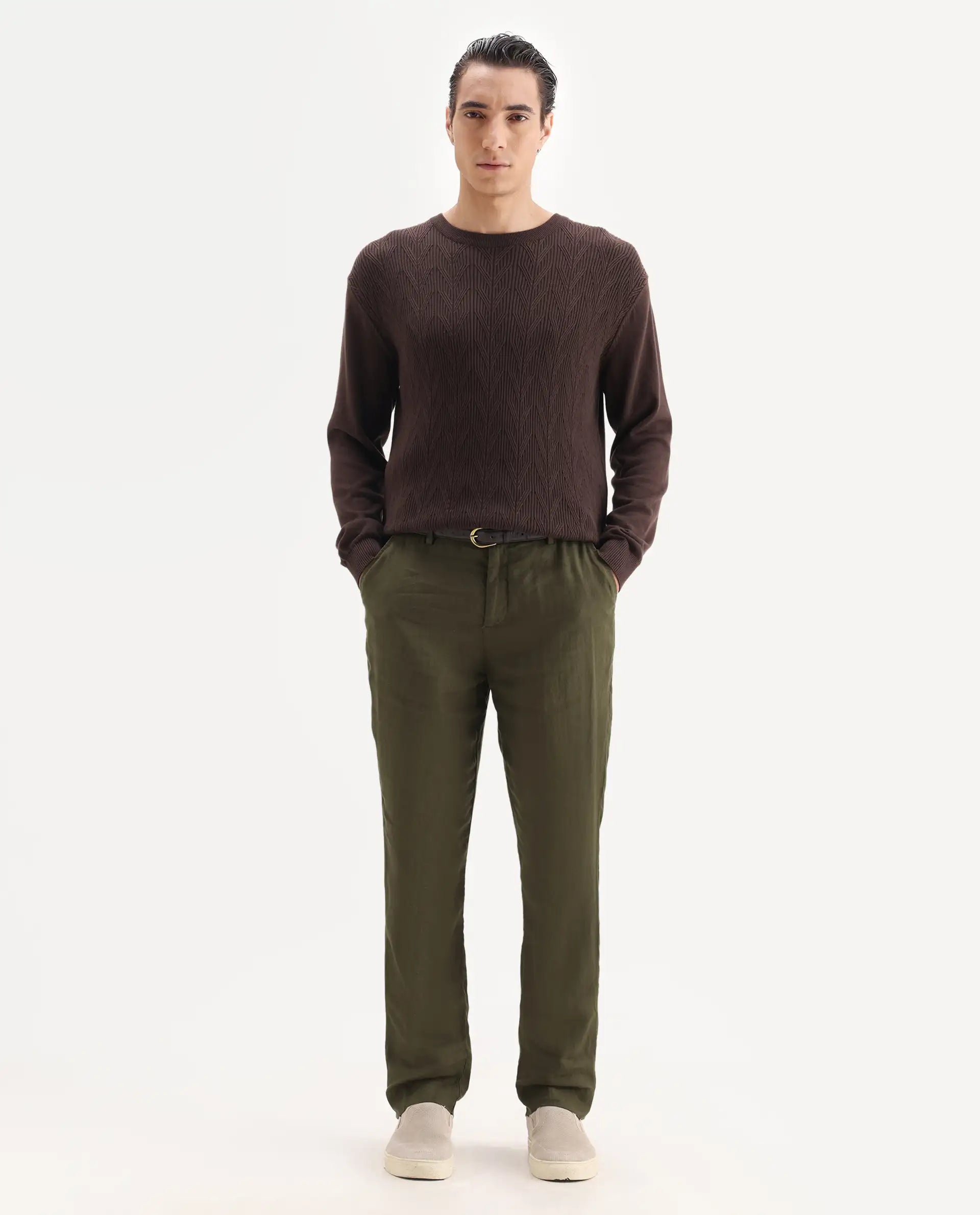 Rare Rabbit Men's Arcelo Olive 100% Linen Plain Regular Fit Trouser