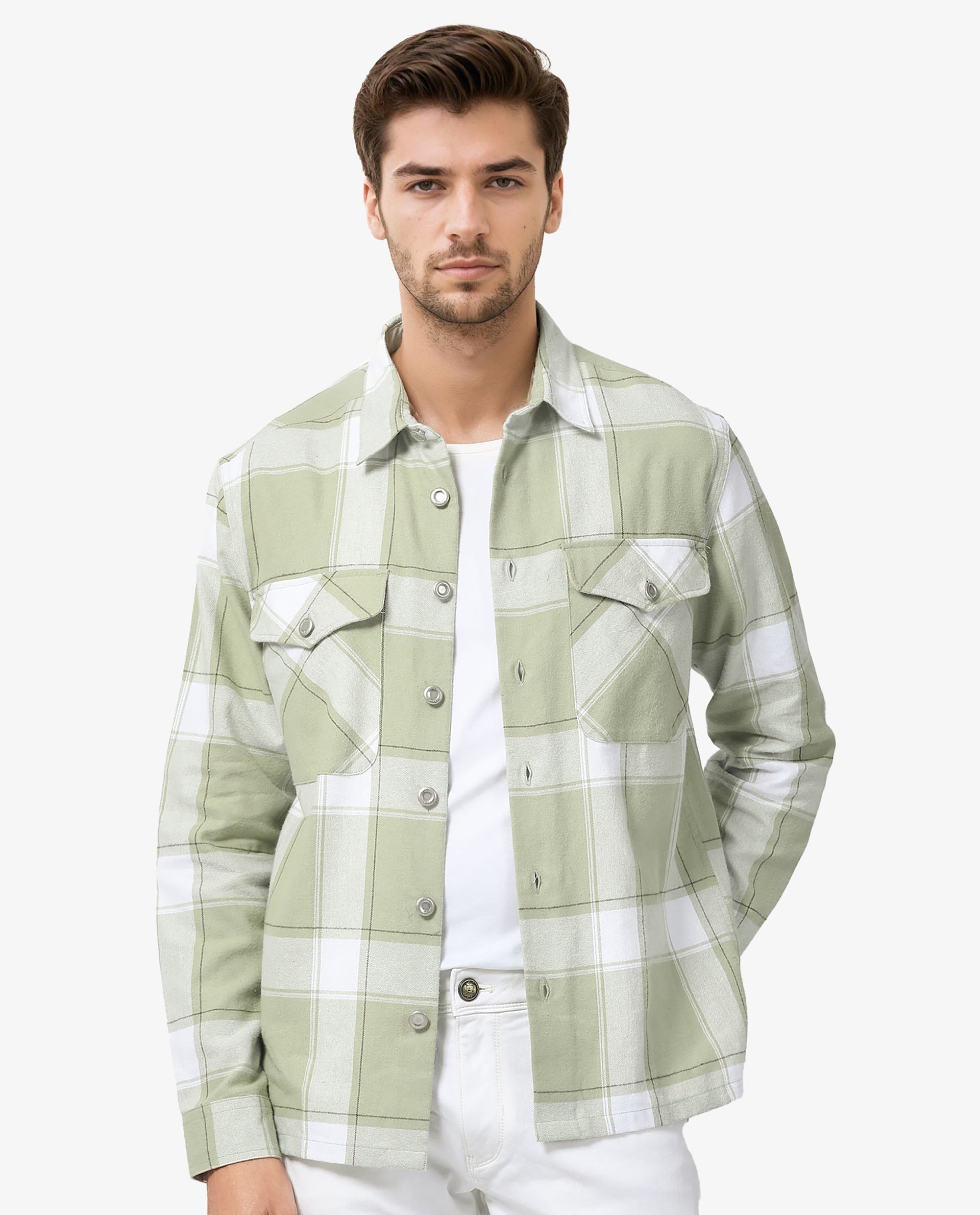 Rare Rabbit Men's Areo Pastel Green Cotton Fabric Full Sleeves Button Closure Twill Checks Shacket