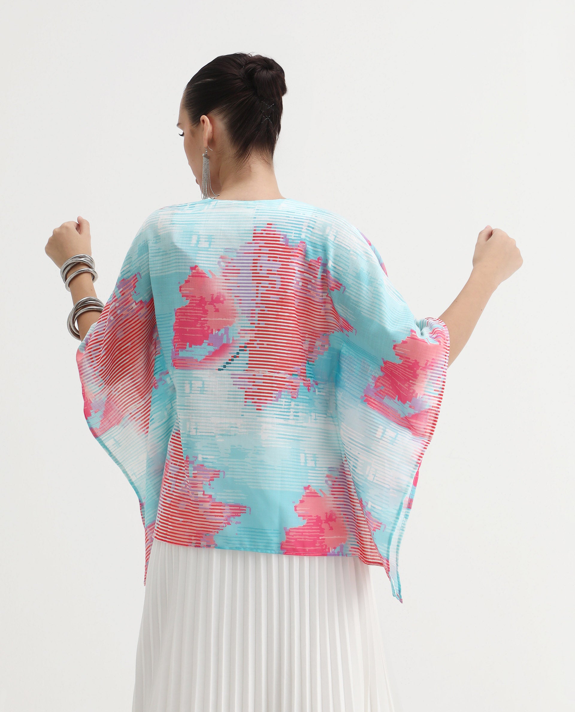 Rareism Women's Arial Light Linen V-Neck Abstract Print Kimono Sleeve Relaxed Fit Top