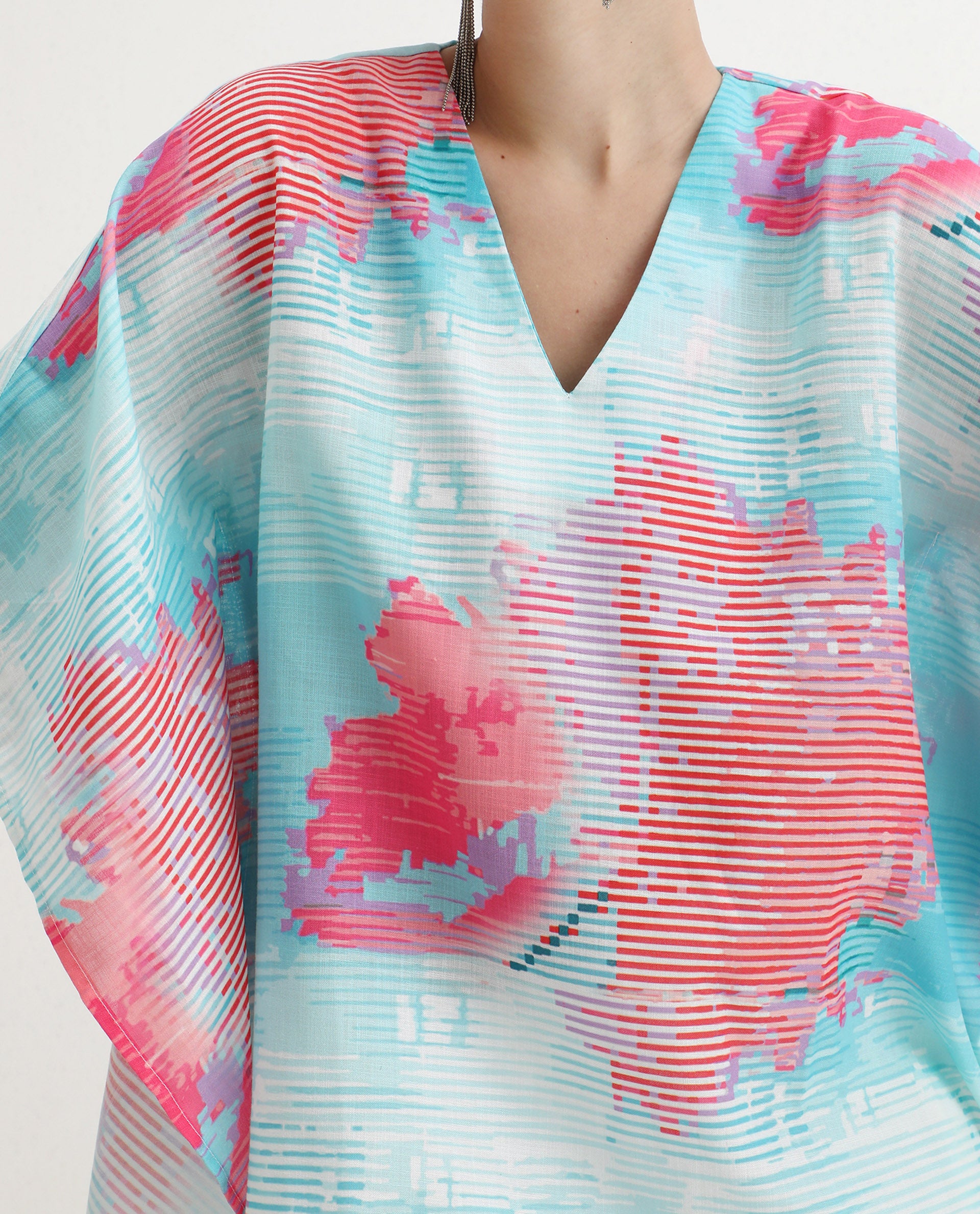 Rareism Women's Arial Light Linen V-Neck Abstract Print Kimono Sleeve Relaxed Fit Top