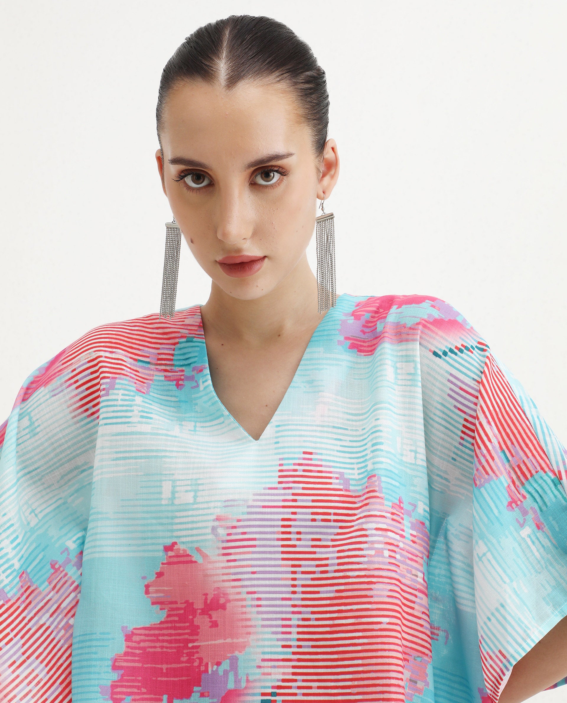 Rareism Women's Arial Light Linen V-Neck Abstract Print Kimono Sleeve Relaxed Fit Top