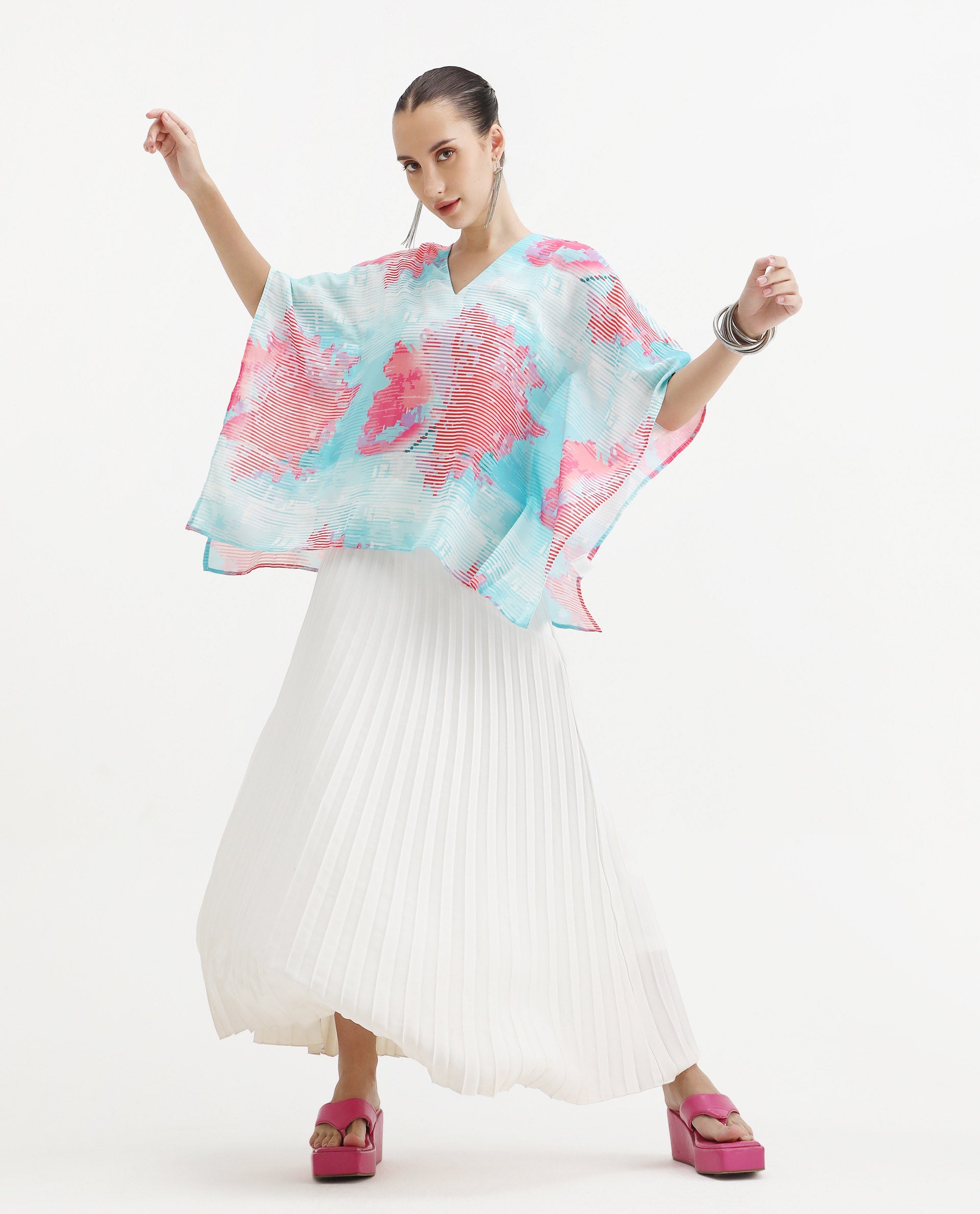 Rareism Women's Arial Light Linen V-Neck Abstract Print Kimono Sleeve Relaxed Fit Top