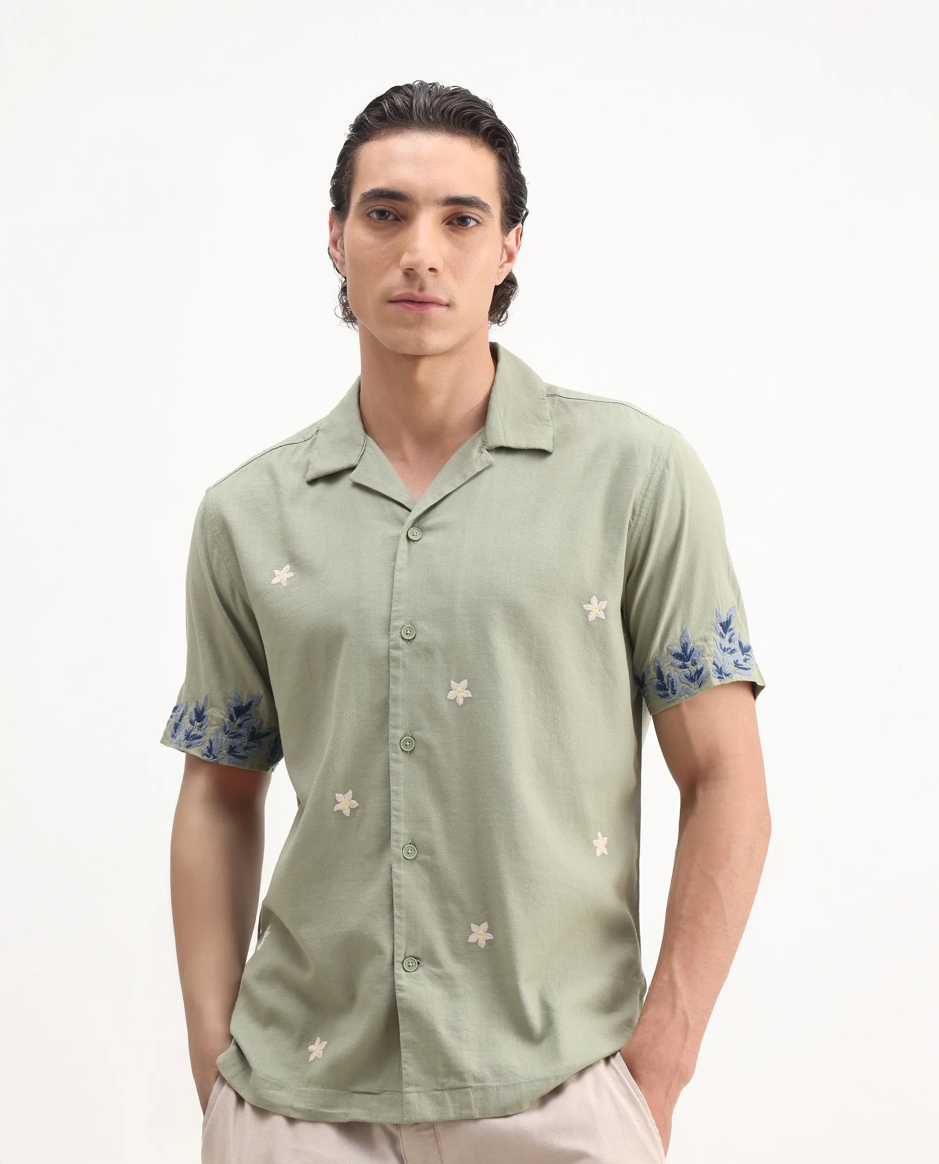 Rare Rabbit Men's Aria Olive Viscose Embroidered Boxy Fit Half Sleeve Cuban Collar Shirt