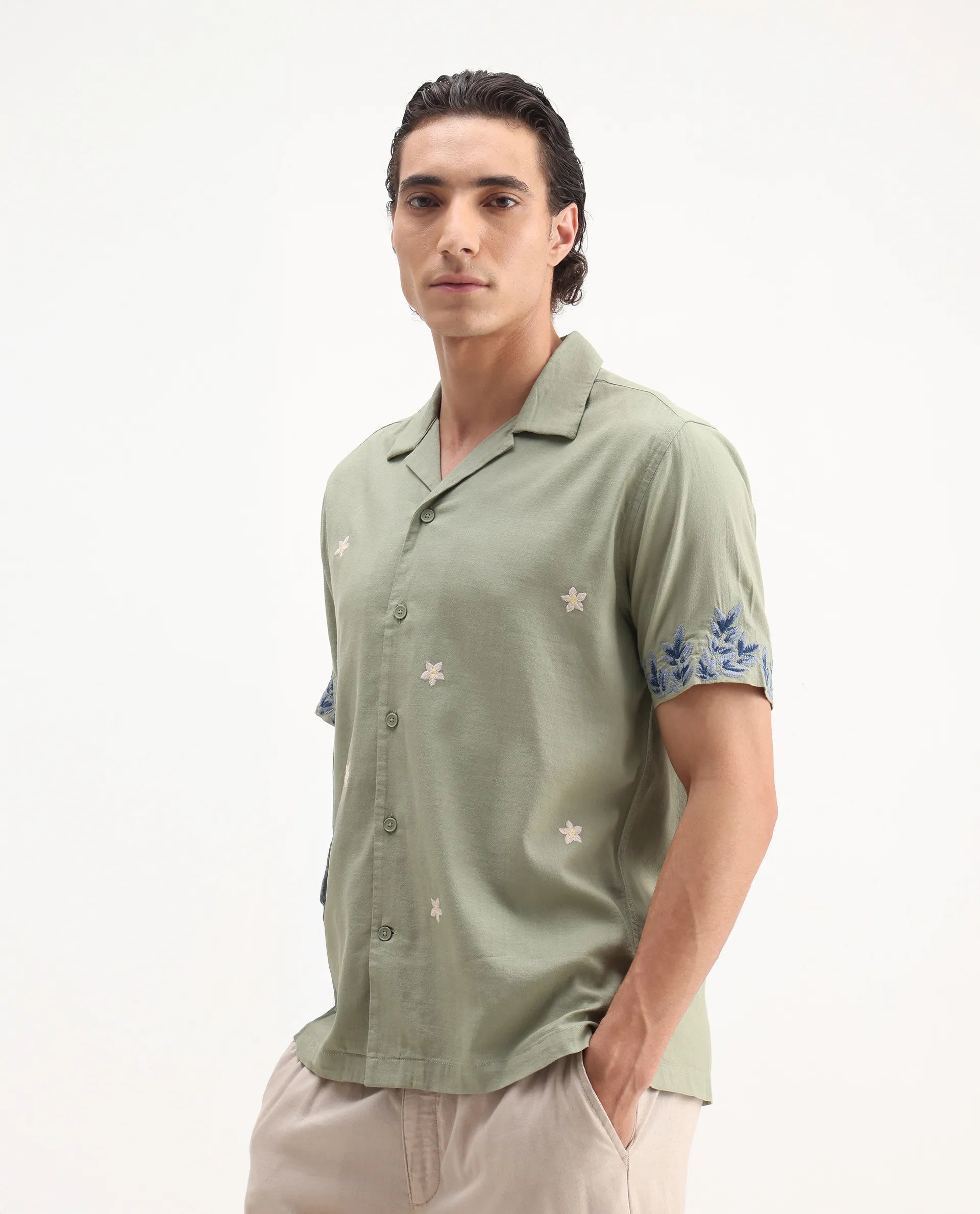 Rare Rabbit Men's Aria Olive Viscose Embroidered Boxy Fit Half Sleeve Cuban Collar Shirt