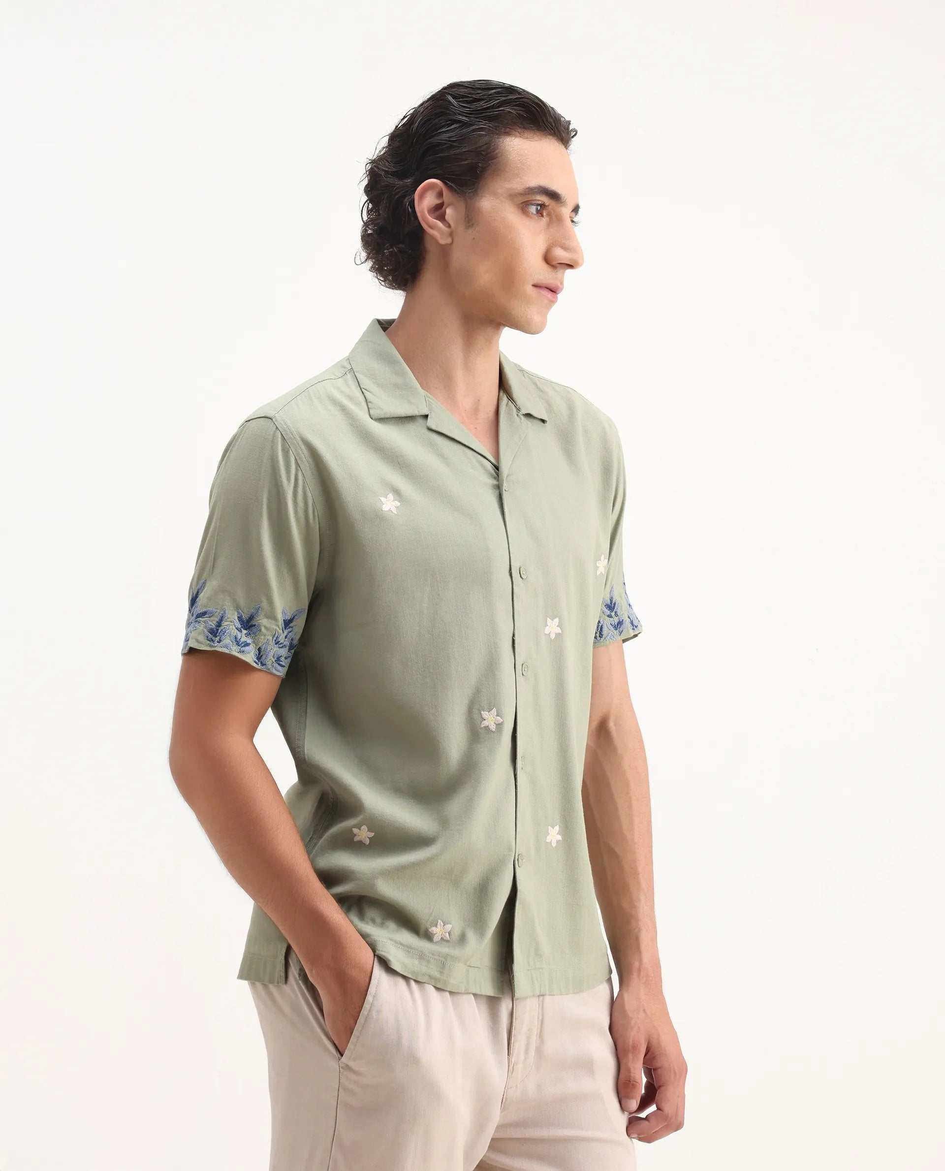 Rare Rabbit Men's Aria Olive Viscose Embroidered Boxy Fit Half Sleeve Cuban Collar Shirt