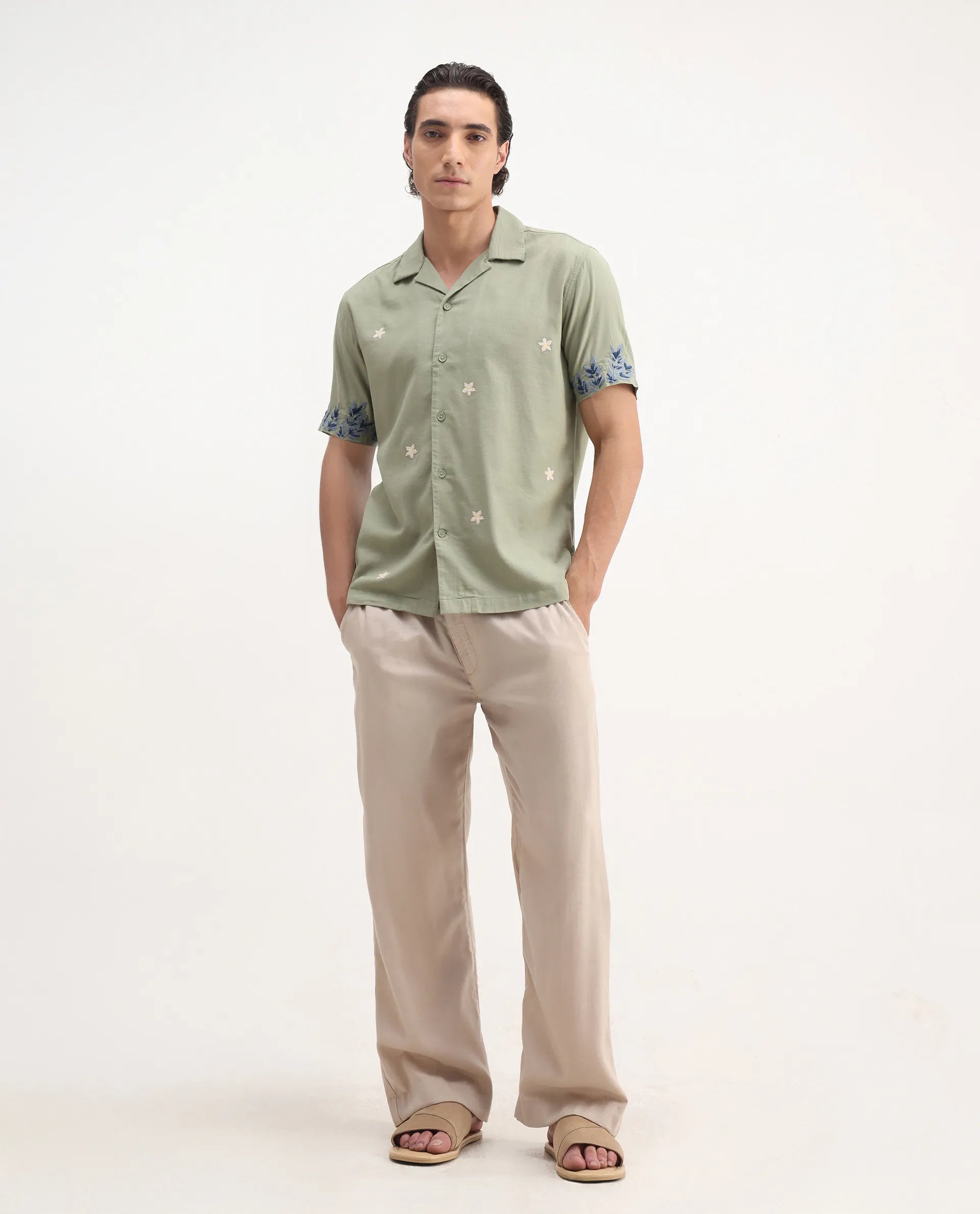 Rare Rabbit Men's Aria Olive Viscose Embroidered Boxy Fit Half Sleeve Cuban Collar Shirt