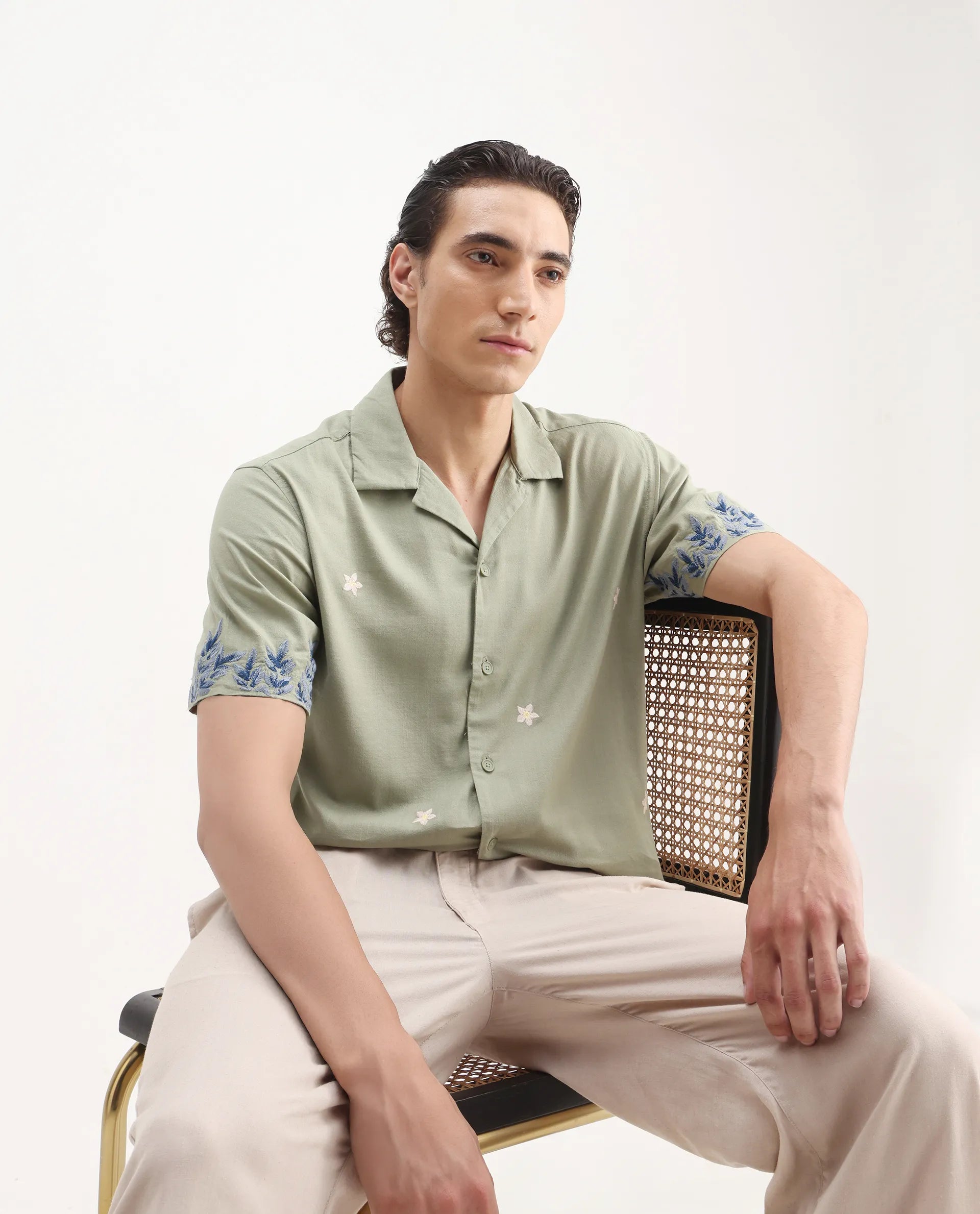 Rare Rabbit Men's Aria Olive Viscose Embroidered Boxy Fit Half Sleeve Cuban Collar Shirt