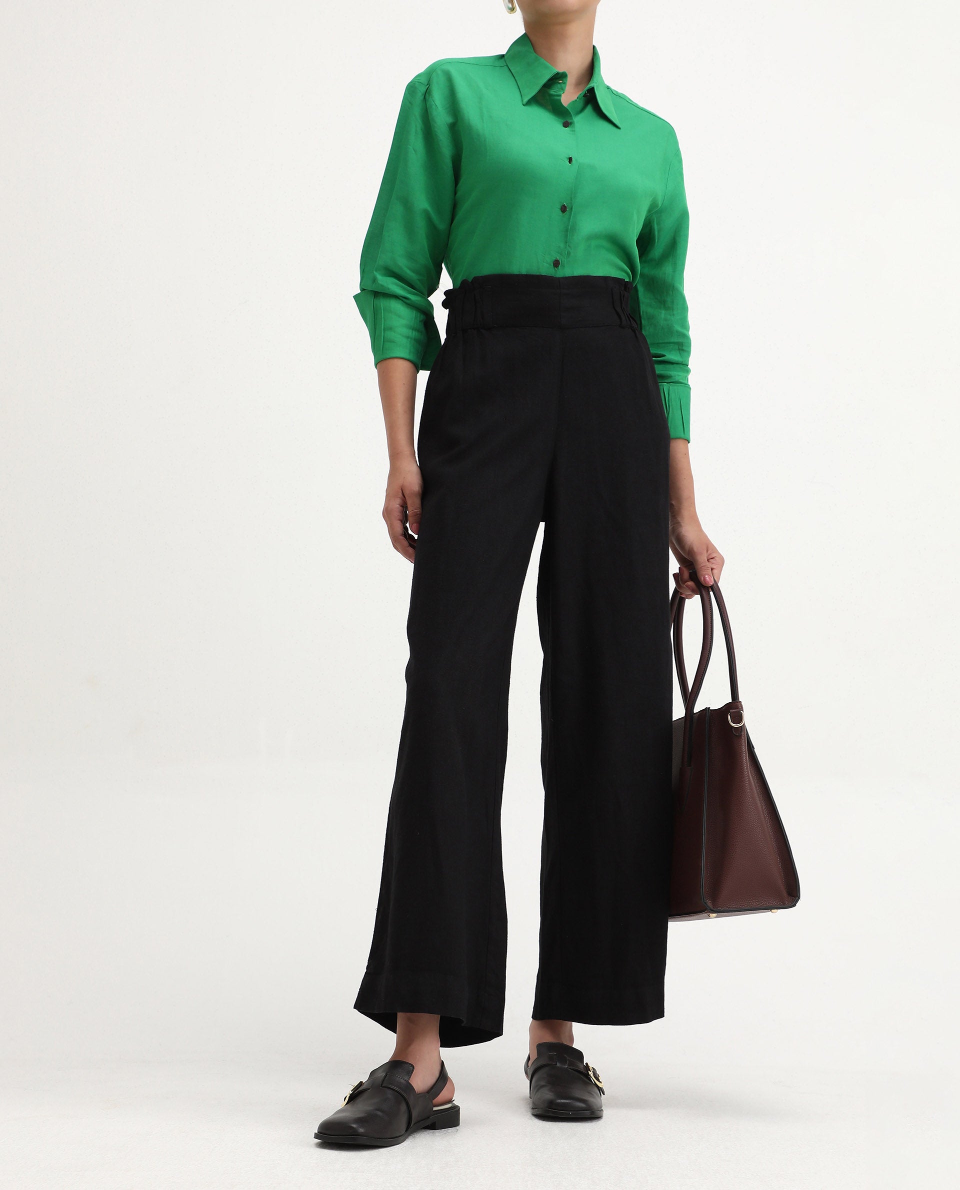Rareism Women's Arid Black Linen Blend Plain Ankle Length Wide Trouser