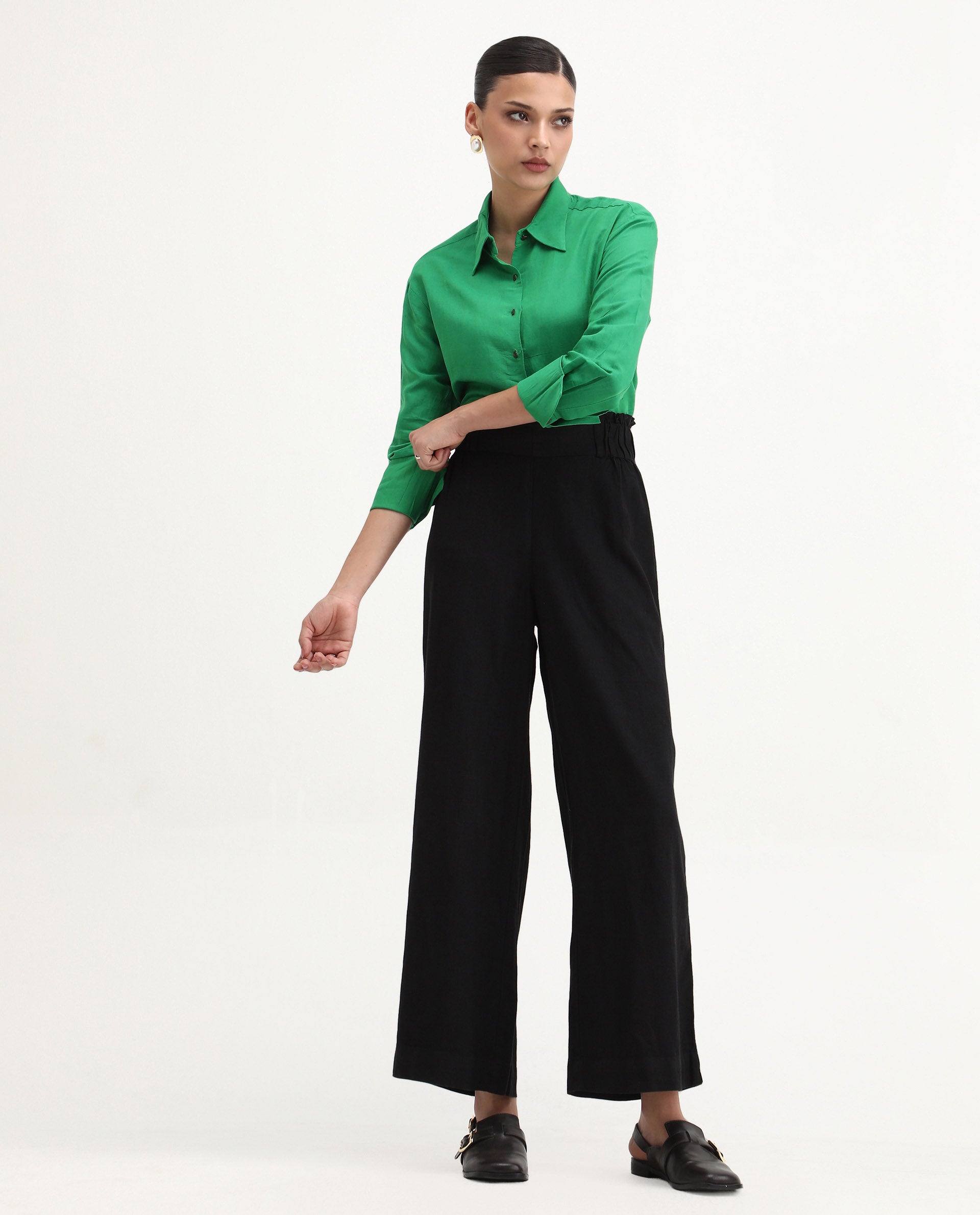 Rareism Women's Arid Black Linen Blend Plain Ankle Length Wide Trouser