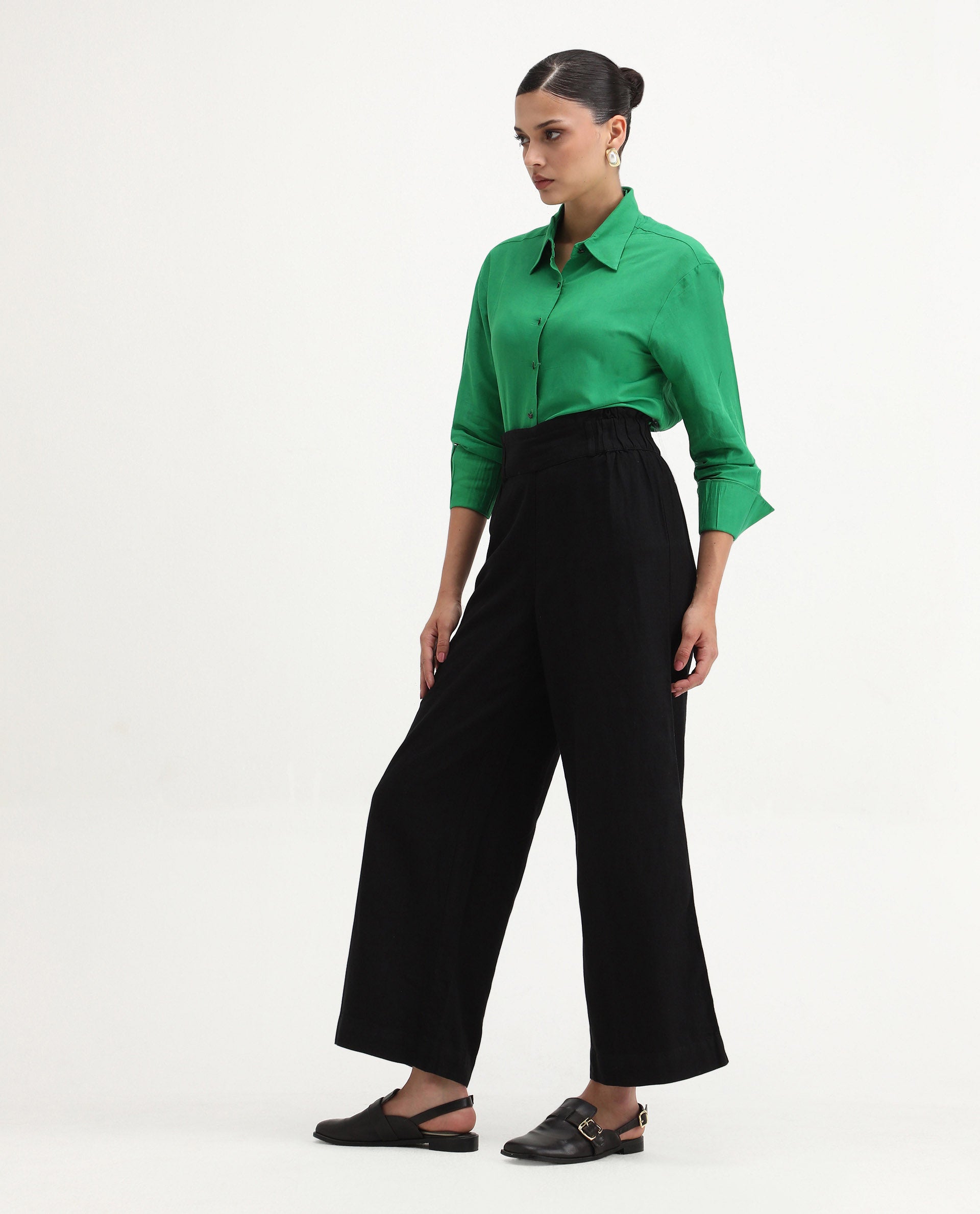 Rareism Women's Arid Black Linen Blend Plain Ankle Length Wide Trouser