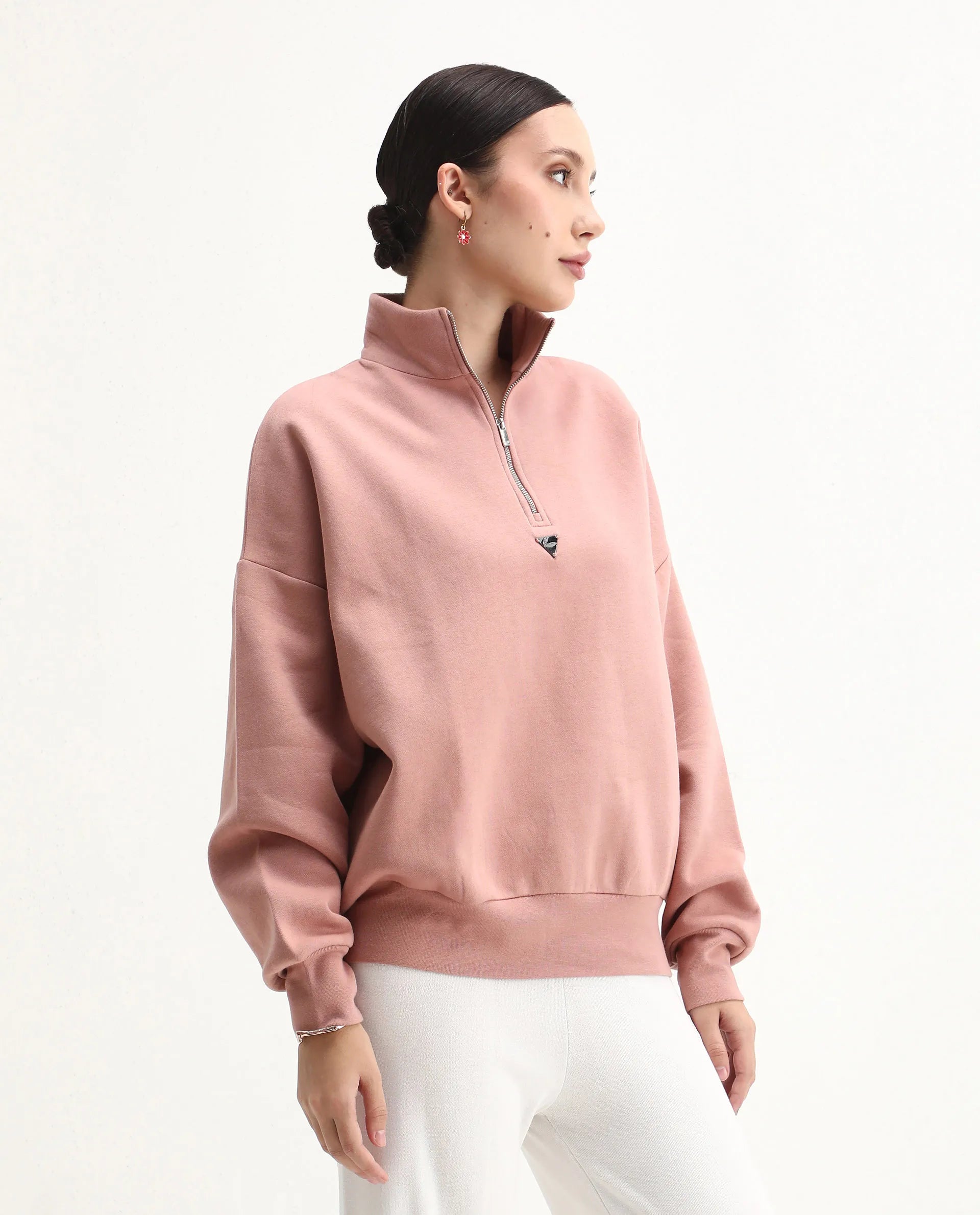 Rareism Women's Ario Dark Beige Cotton Blend Spread Collar Relaxed Fit Printed Sweatshirt