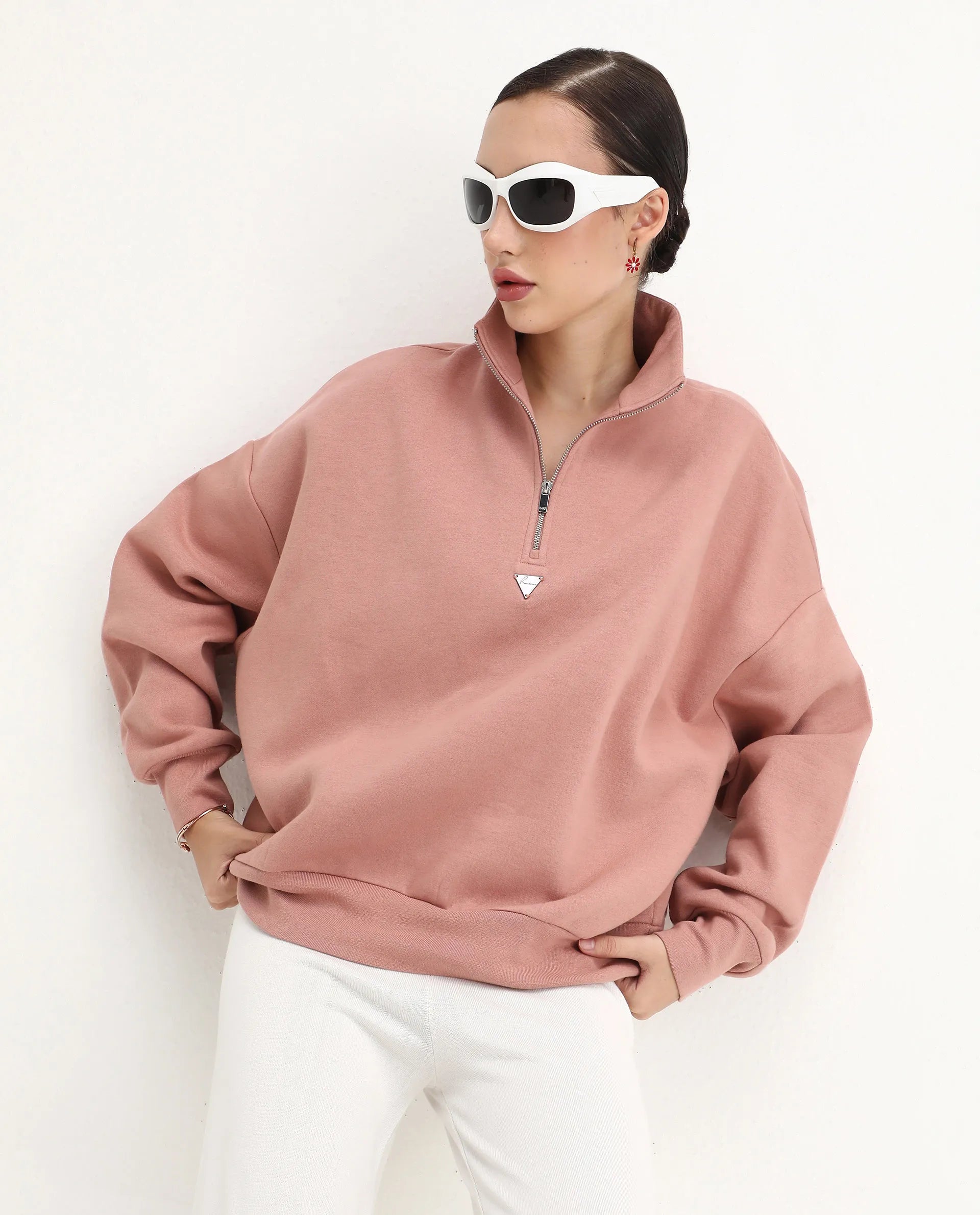 Rareism Women's Ario Dark Beige Cotton Blend Spread Collar Relaxed Fit Printed Sweatshirt