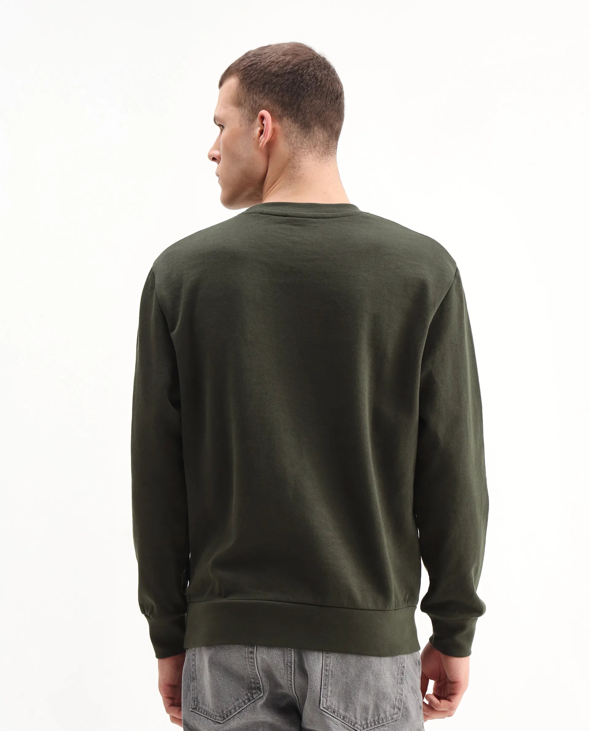 Rare Rabbit Men's Arion Dark Olive Rayon Blend Hd Print Relaxed Fit Full Sleeve Crew Neck Sweatshirt