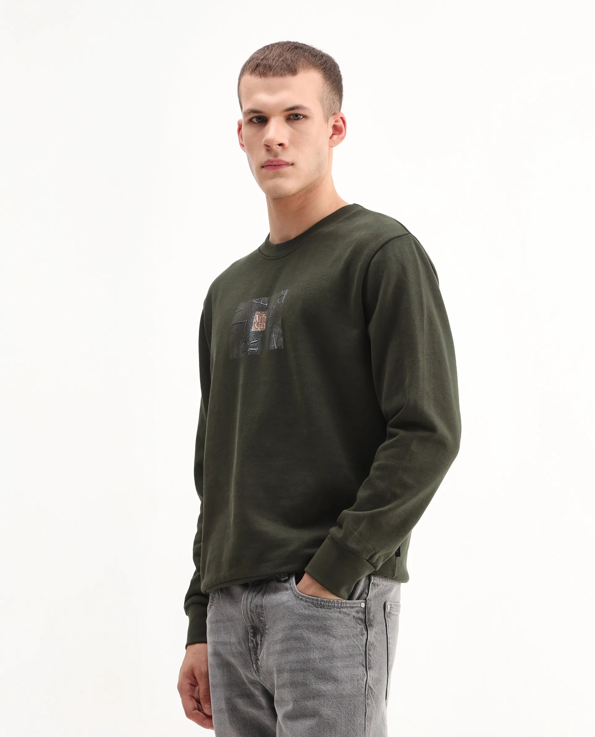 Rare Rabbit Men's Arion Dark Olive Rayon Blend Hd Print Relaxed Fit Full Sleeve Crew Neck Sweatshirt