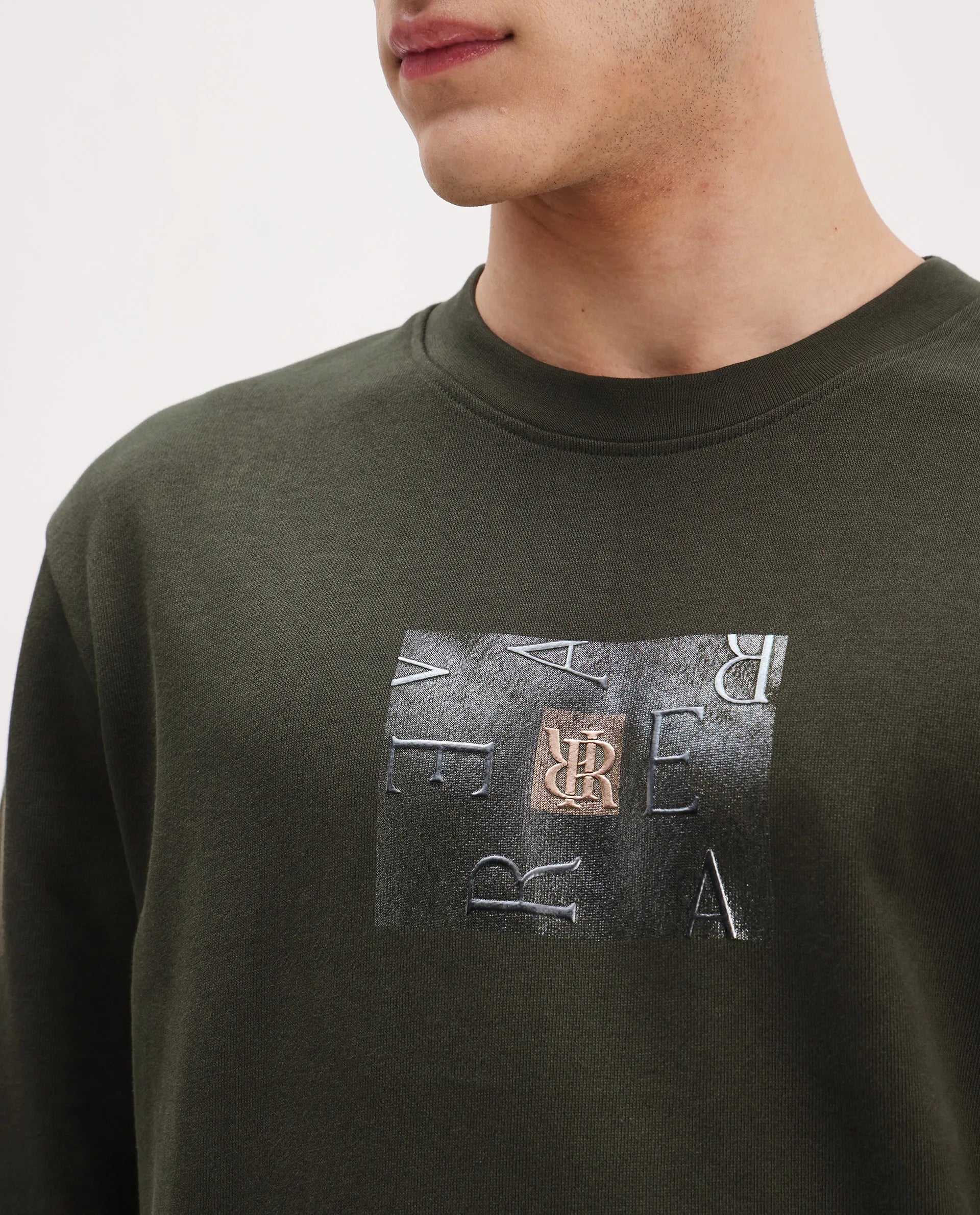 Rare Rabbit Men's Arion Dark Olive Rayon Blend Hd Print Relaxed Fit Full Sleeve Crew Neck Sweatshirt