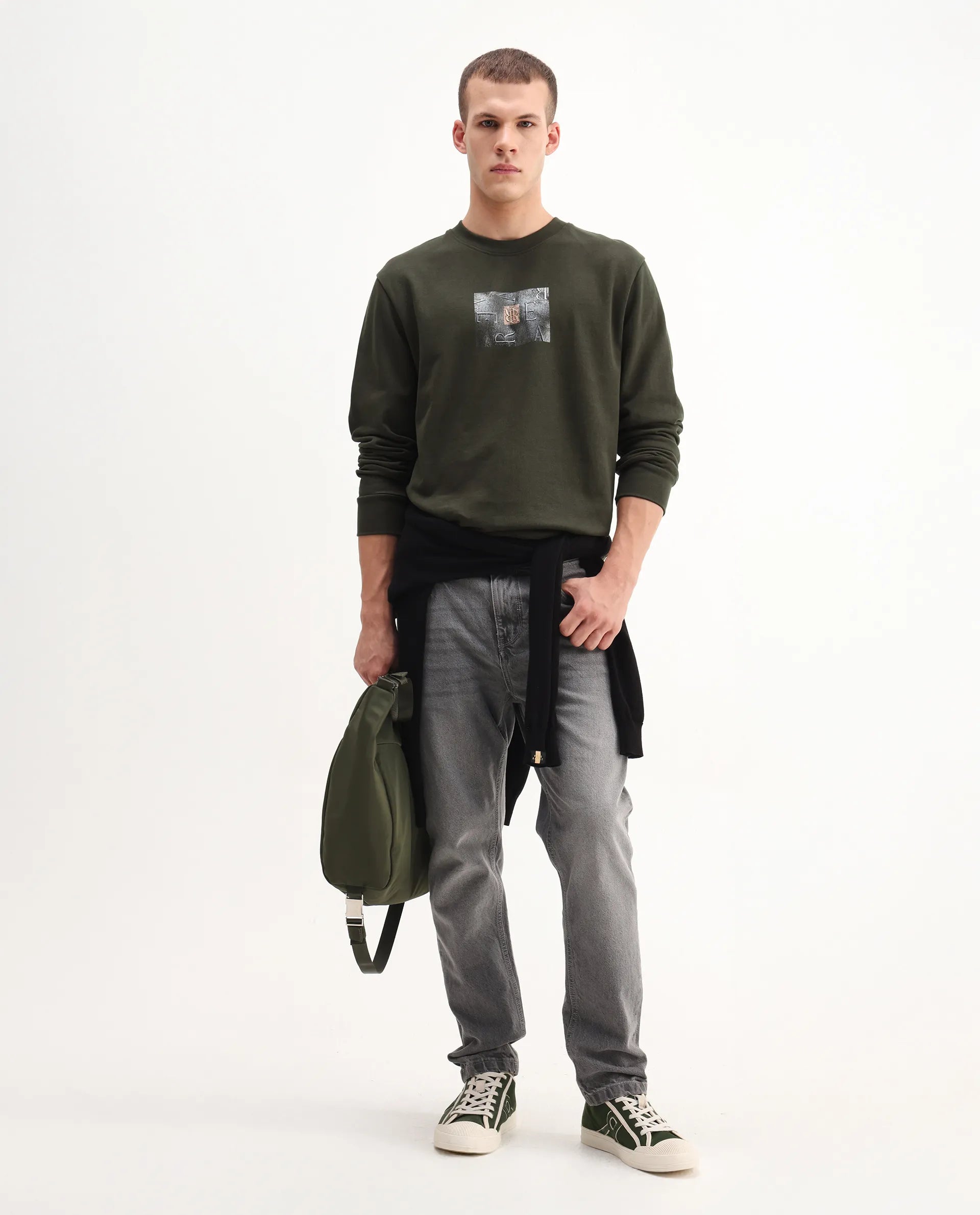 Rare Rabbit Men's Arion Dark Olive Rayon Blend Hd Print Relaxed Fit Full Sleeve Crew Neck Sweatshirt