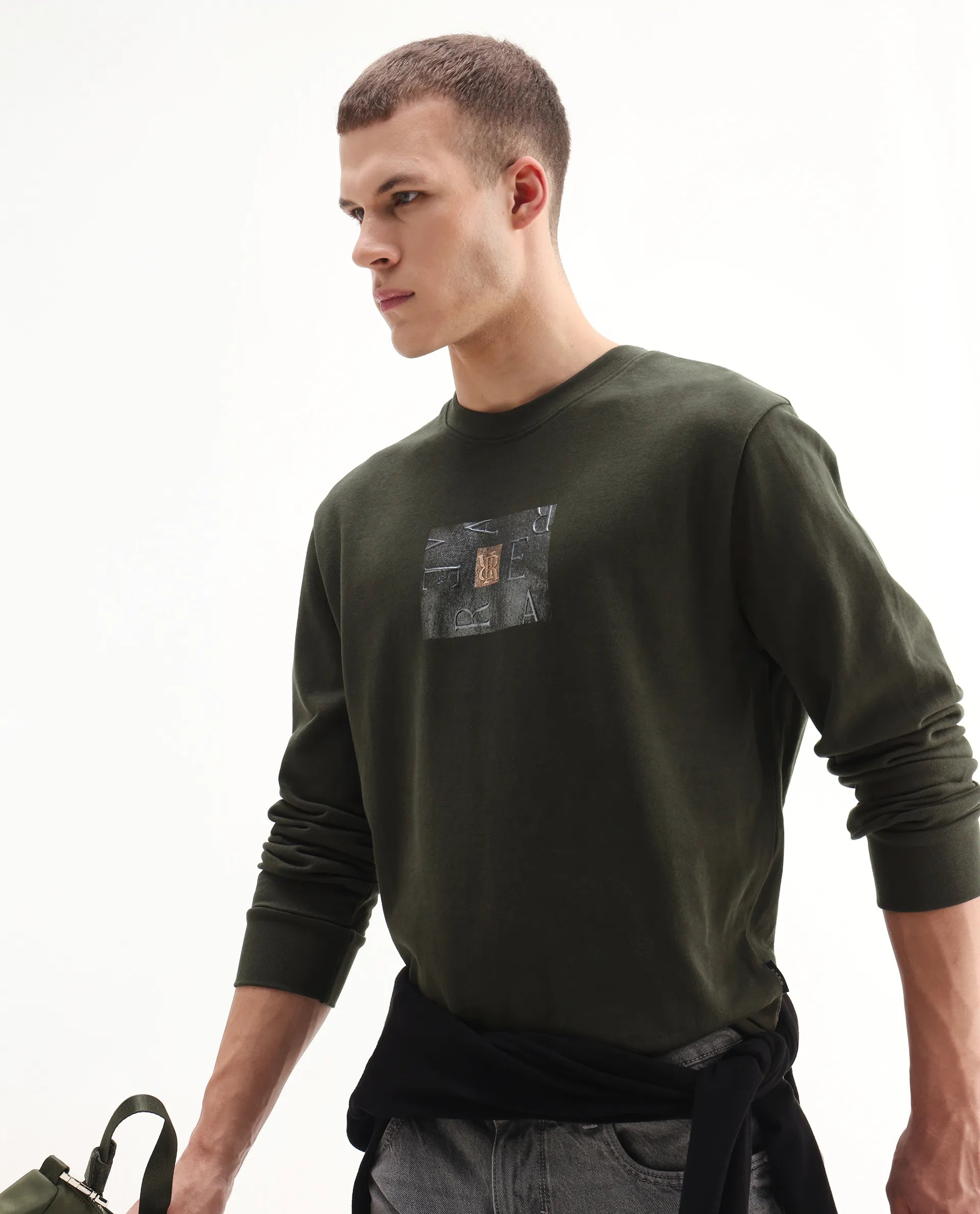 Rare Rabbit Men's Arion Dark Olive Rayon Blend Hd Print Relaxed Fit Full Sleeve Crew Neck Sweatshirt