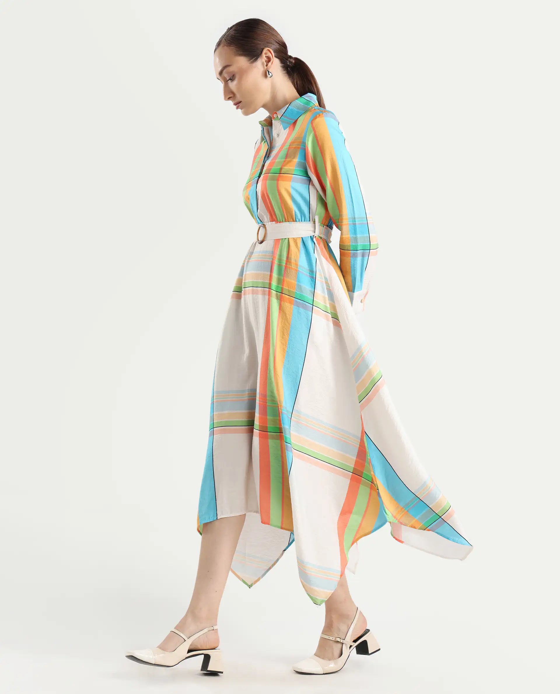 Rareism Women's Ariska Multi Cotton Blend Drop Collar Flannel Print Cuffed Sleeve Maxi Fit And Flare Dress