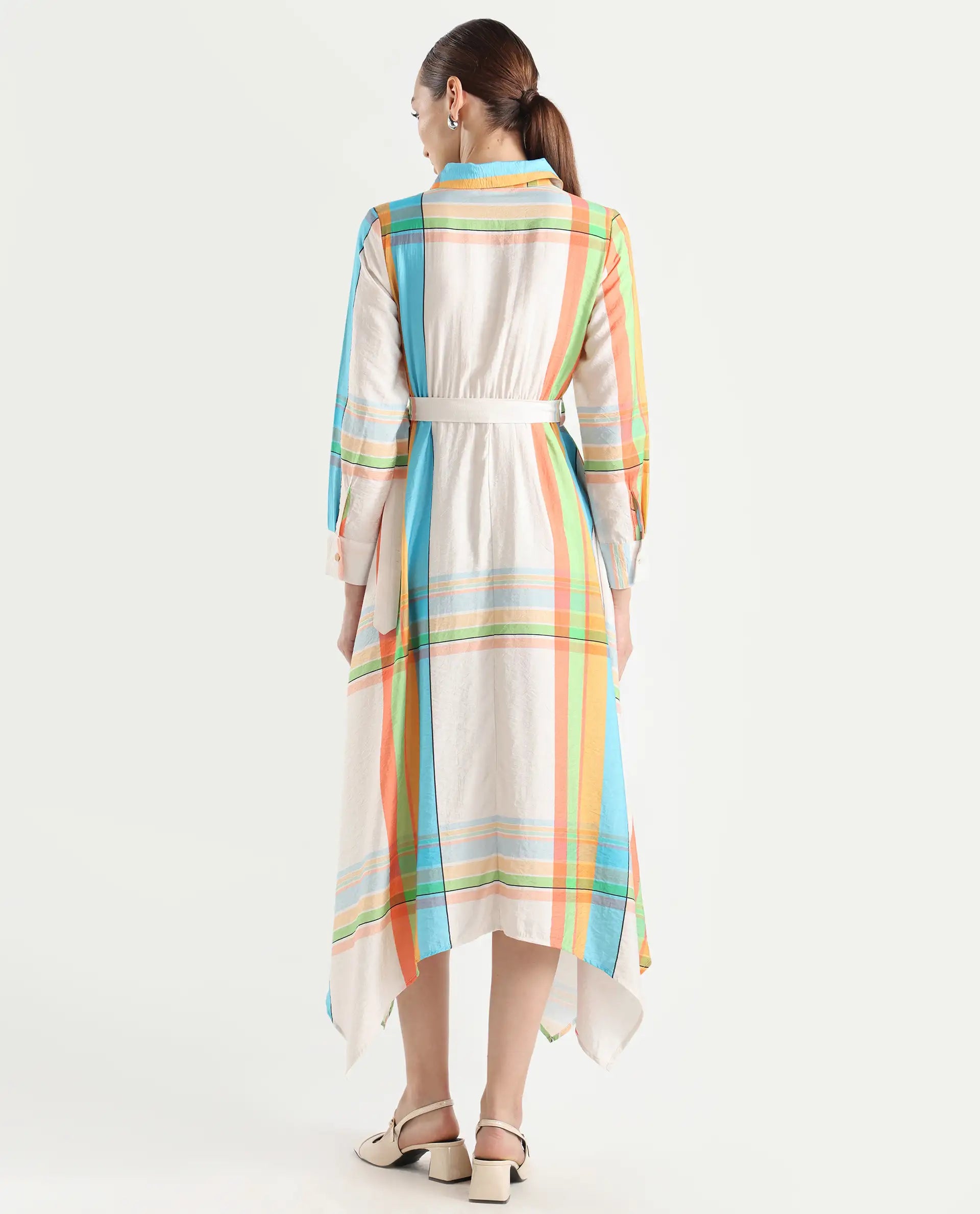 Rareism Women's Ariska Multi Cotton Blend Drop Collar Flannel Print Cuffed Sleeve Maxi Fit And Flare Dress