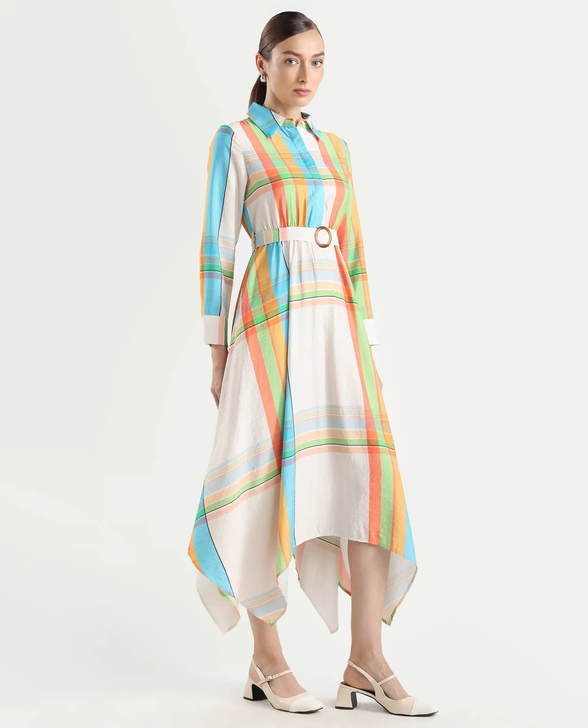 Rareism Women's Ariska Multi Cotton Blend Drop Collar Flannel Print Cuffed Sleeve Maxi Fit And Flare Dress