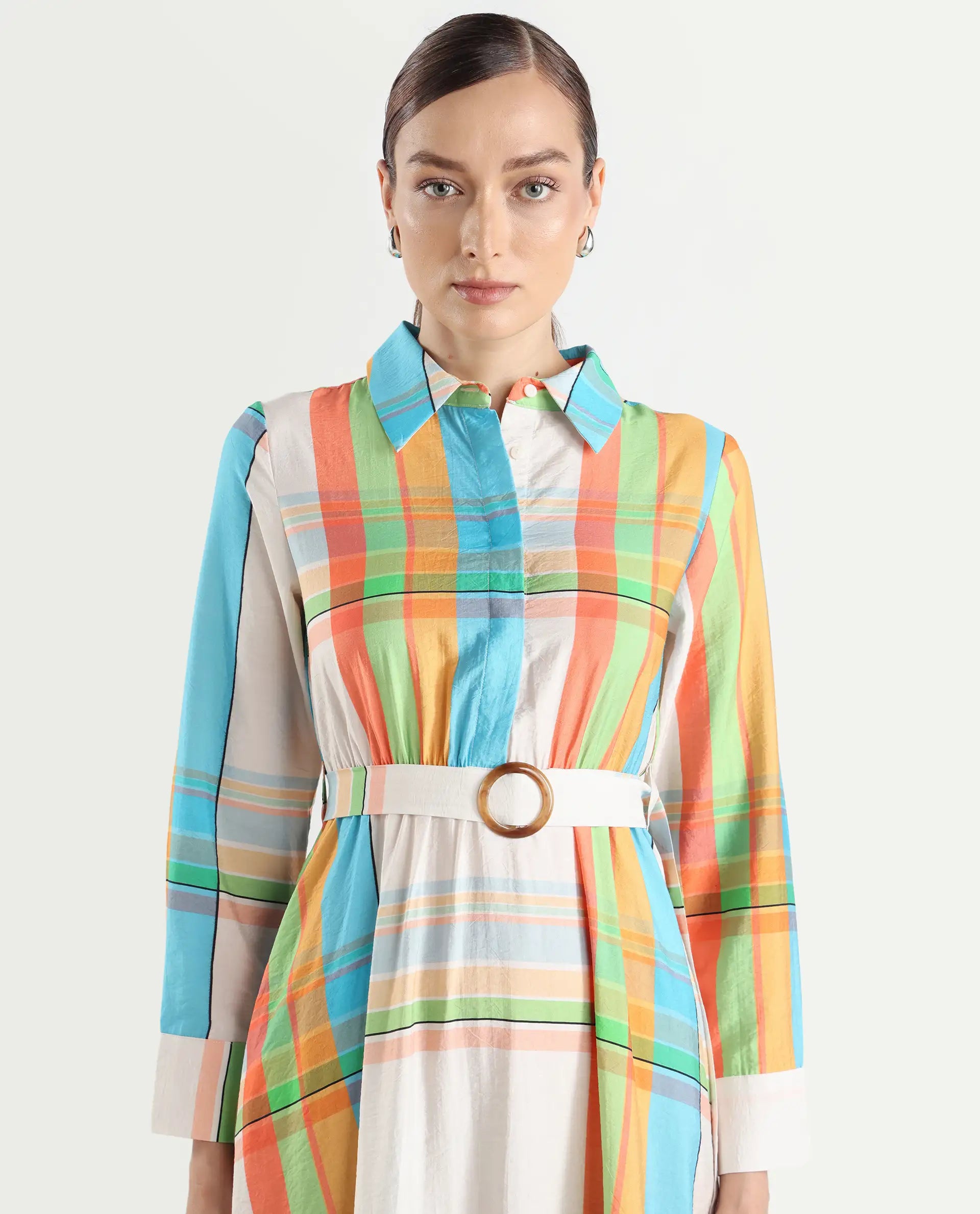 Rareism Women's Ariska Multi Cotton Blend Drop Collar Flannel Print Cuffed Sleeve Maxi Fit And Flare Dress