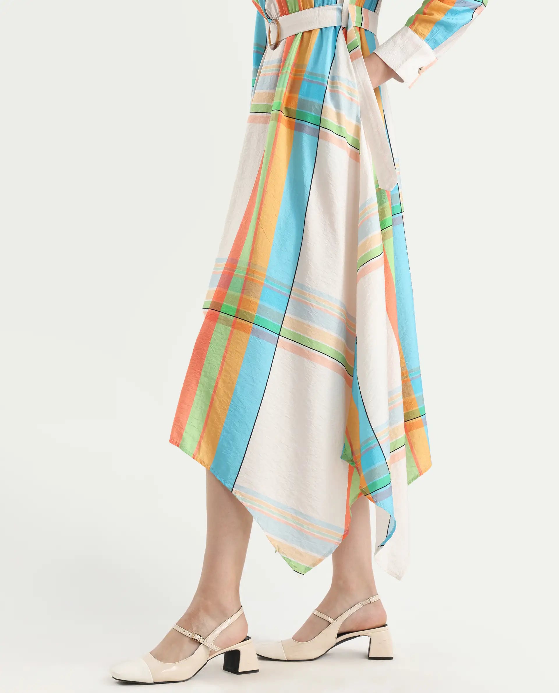 Rareism Women's Ariska Multi Cotton Blend Drop Collar Flannel Print Cuffed Sleeve Maxi Fit And Flare Dress