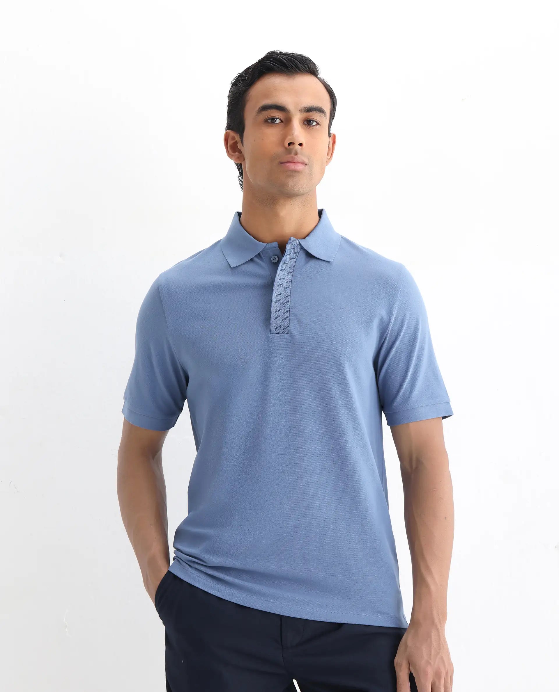 Rare Rabbit Men's Arko Blue Cotton Plain Regular Fit Half Sleeve Polo