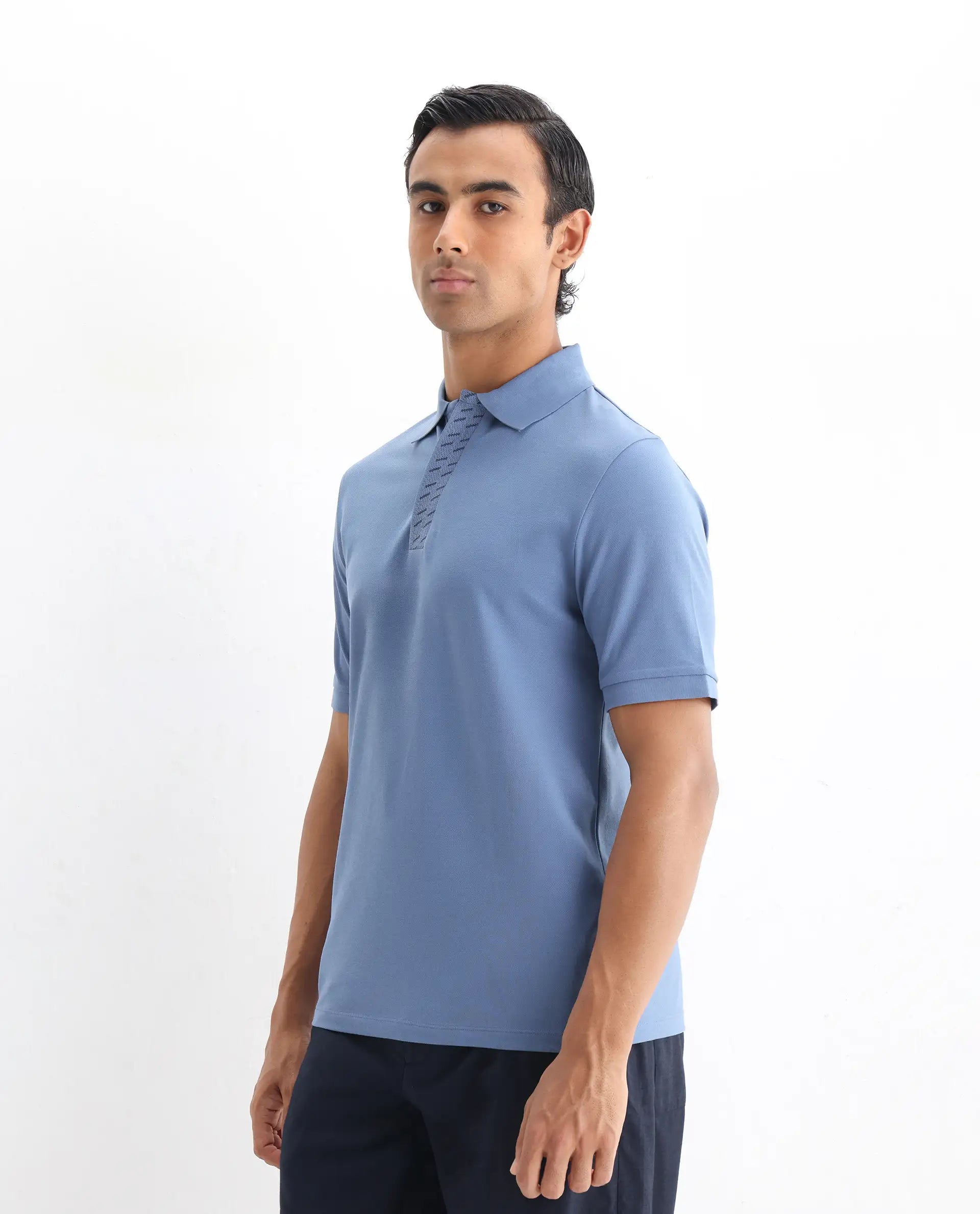 Rare Rabbit Men's Arko Blue Cotton Plain Regular Fit Half Sleeve Polo