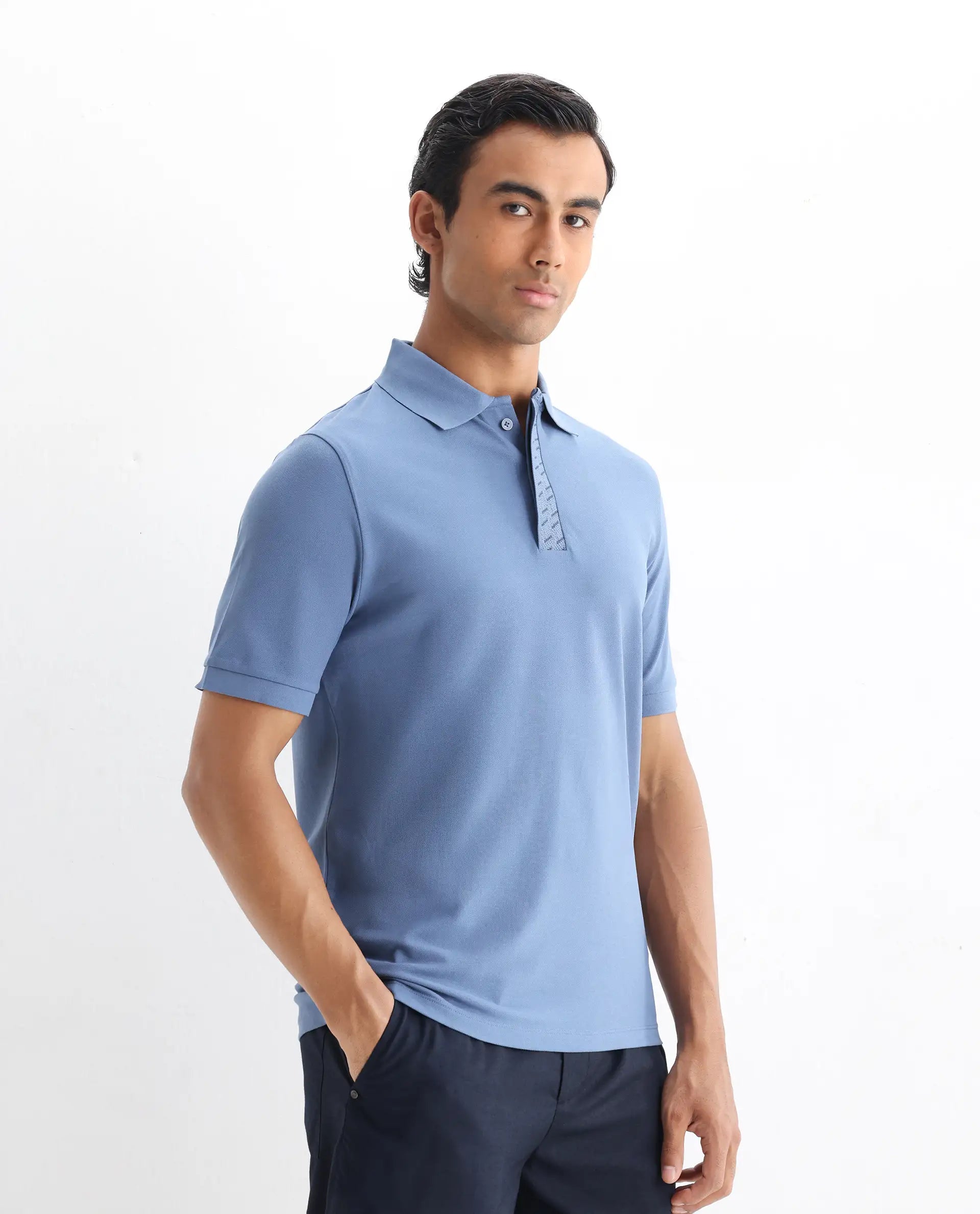Rare Rabbit Men's Arko Blue Cotton Plain Regular Fit Half Sleeve Polo
