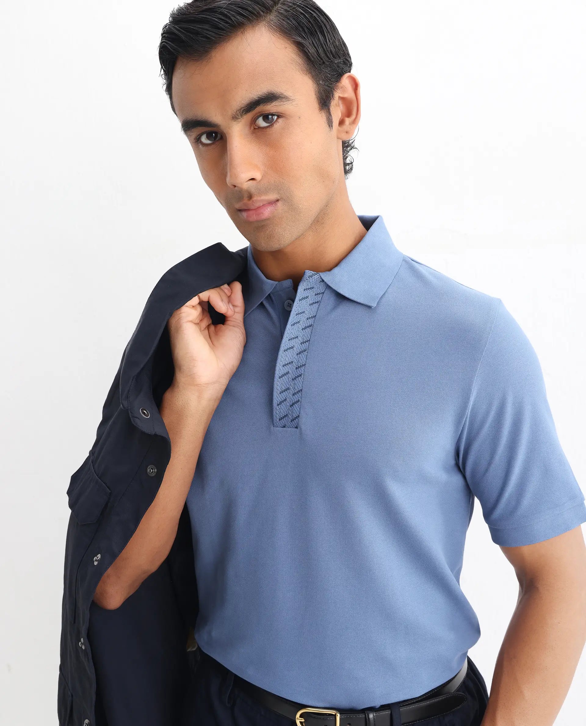 Rare Rabbit Men's Arko Blue Cotton Plain Regular Fit Half Sleeve Polo